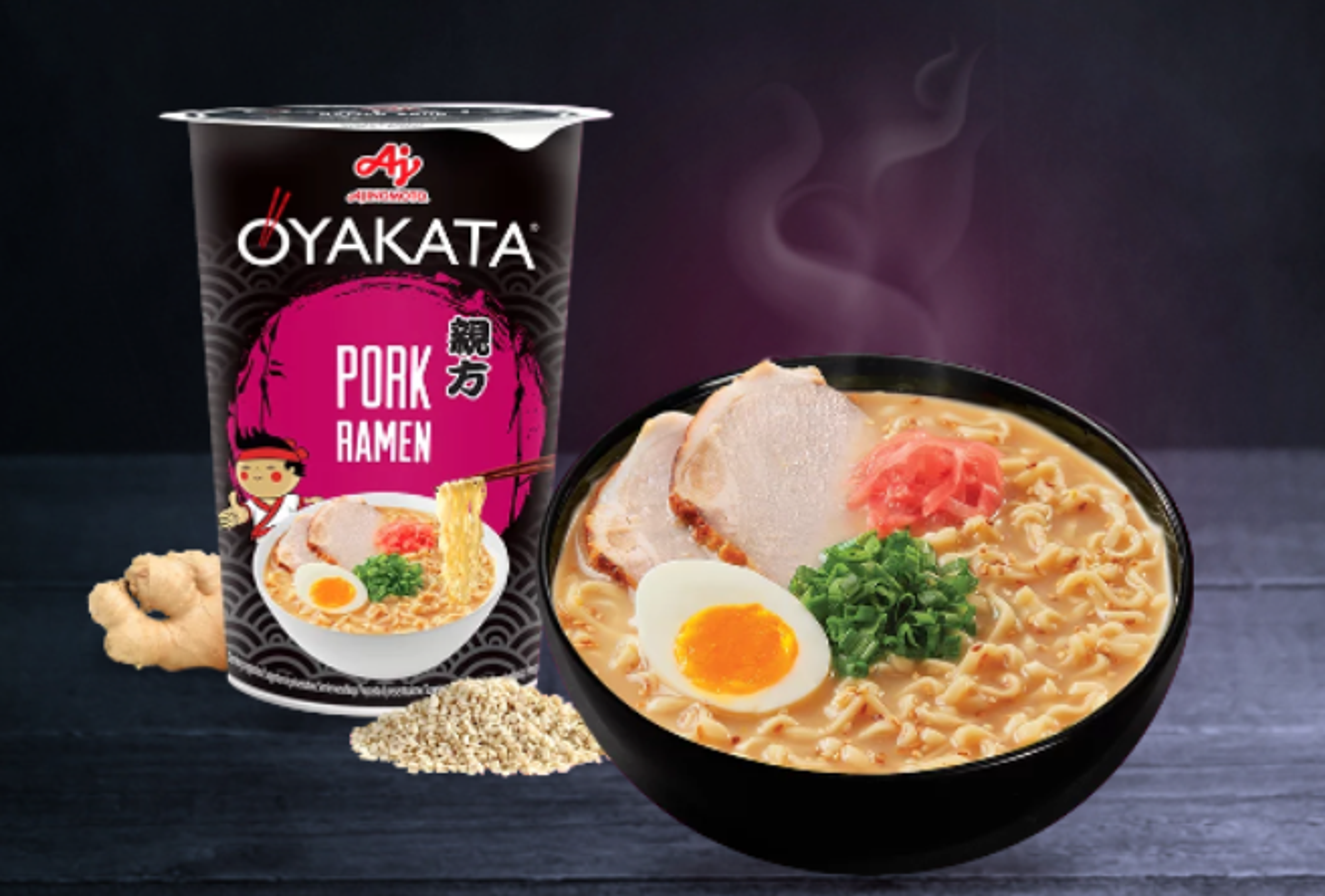 Vorderansicht des OYAKATA Pork Ramen Cups – zeigt das ansprechende Design mit Schweinefleischdarstellung.