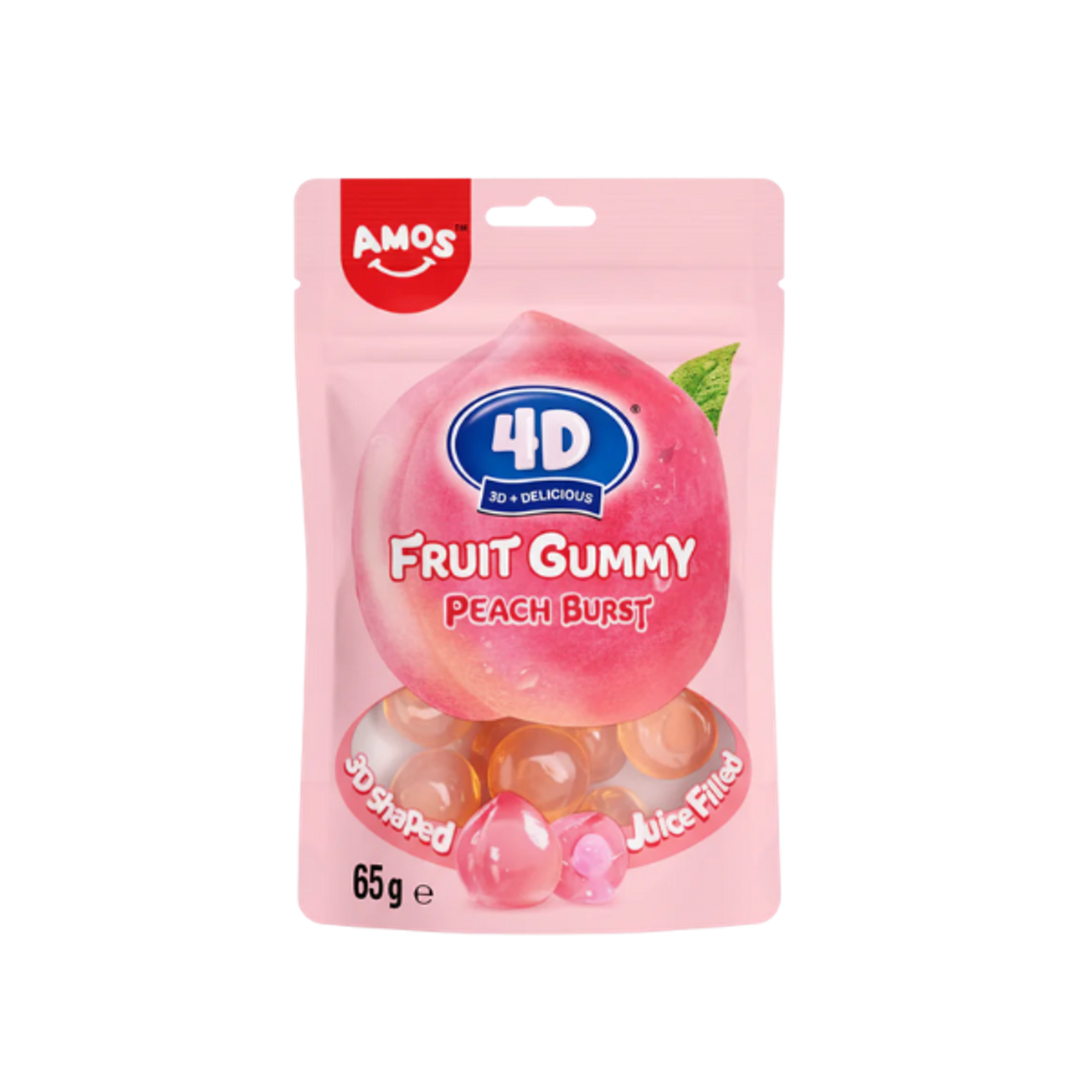 AMOS 4D Fruit Gummy Peach Burst 65 g | 3D-Fruchtgummis mit Pfirsichgeschmack