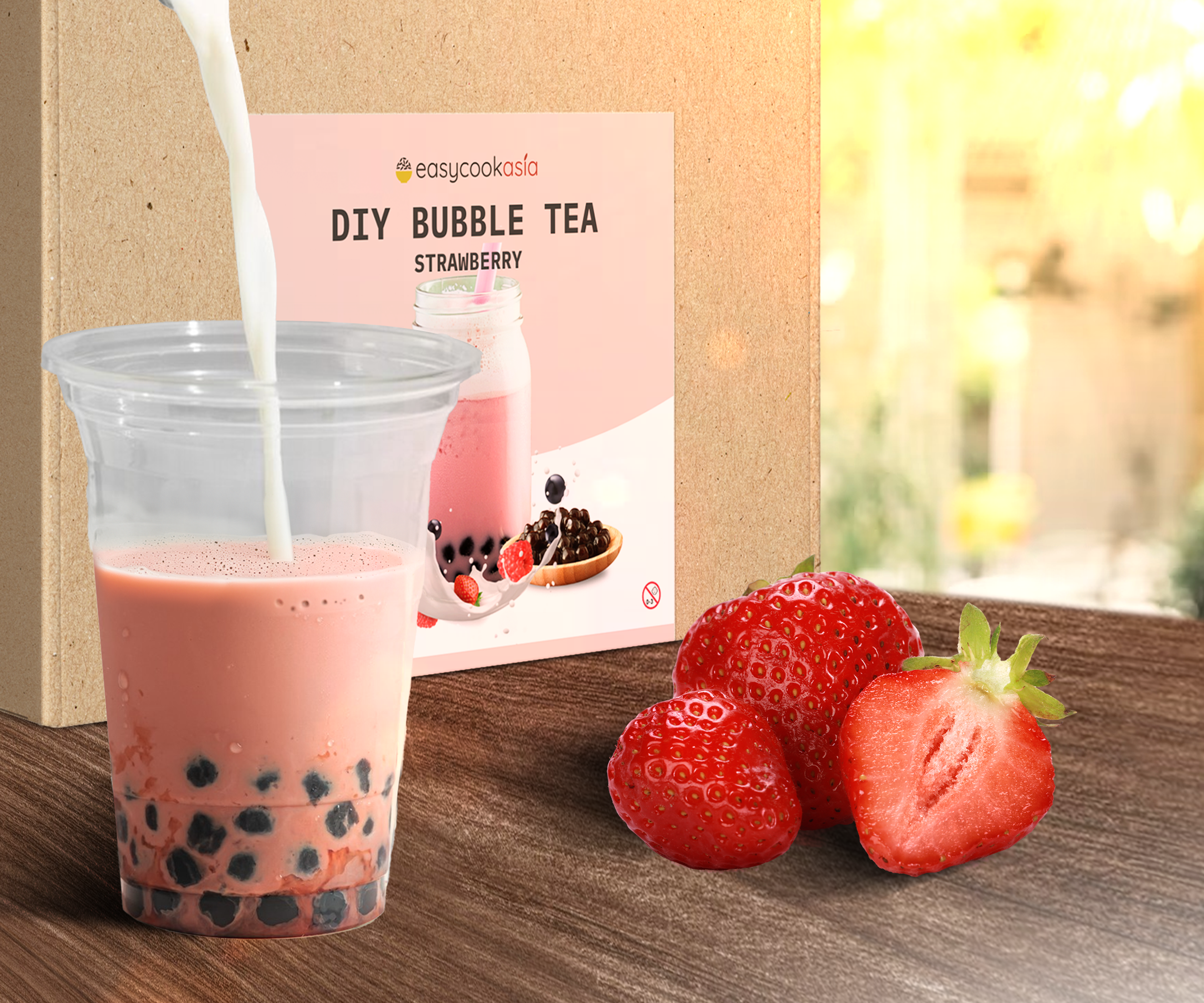 Vorderansicht des DIY Bubble Tea Strawberry Kit: Zeigt das komplette Set und seine Verpackung.