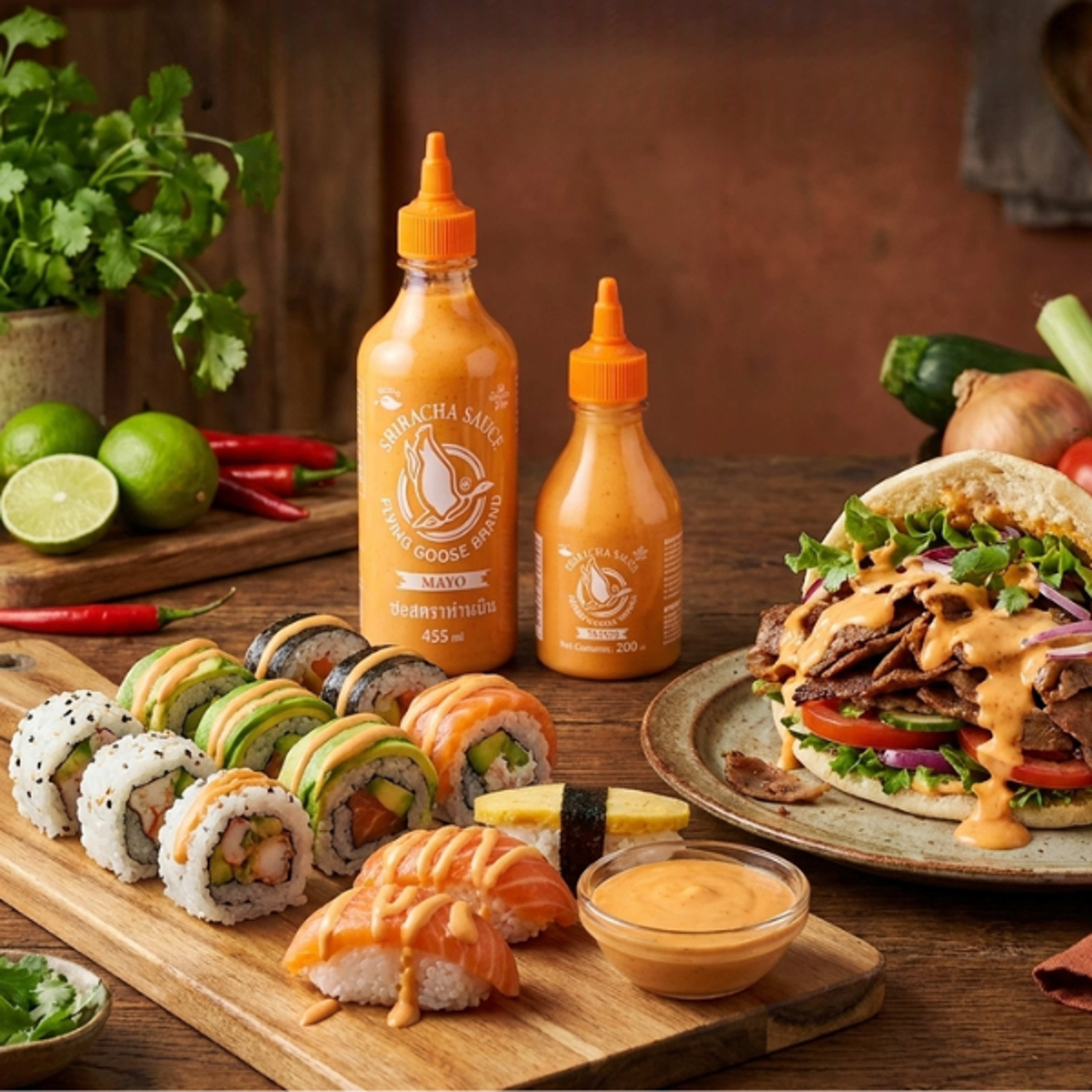 FLYING-GOOSE-Sriracha-Mayo-Sauce-als-Dip-neben-einer-Platte-mit-frischem-Sushi,-perfekt-für-eine-asiatische-Mahlzeit