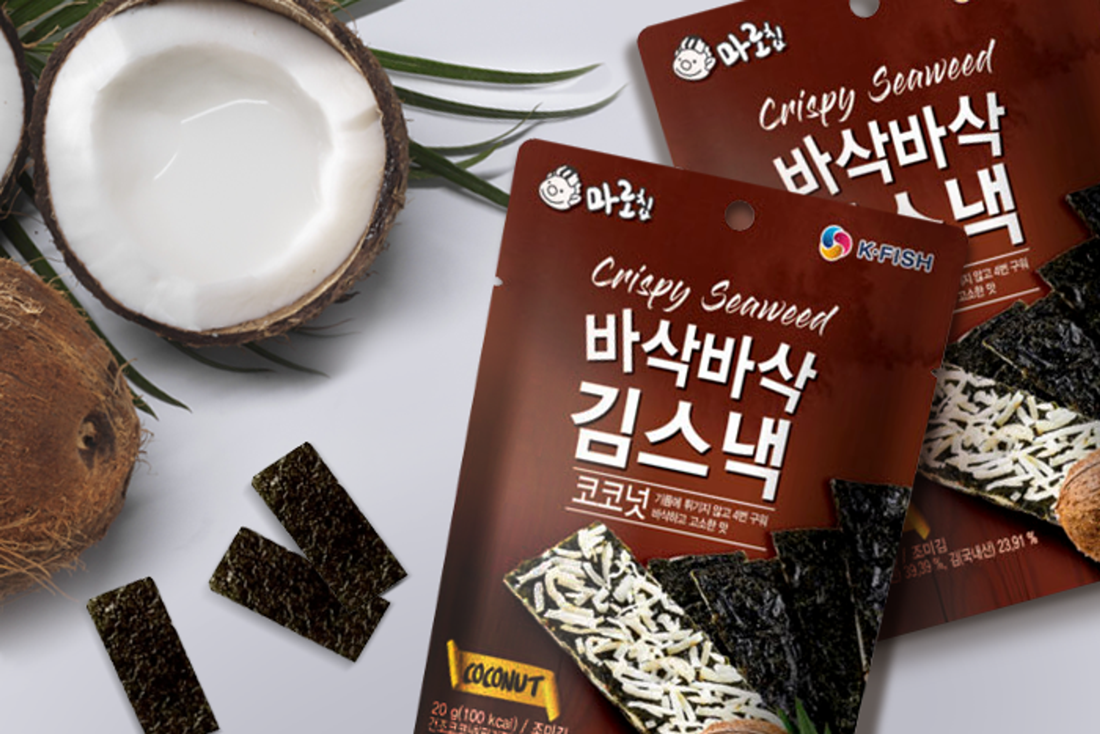 Geöffnete Packung von K-FISH Crispy Seaweed Coconut, bereit zum Genießen