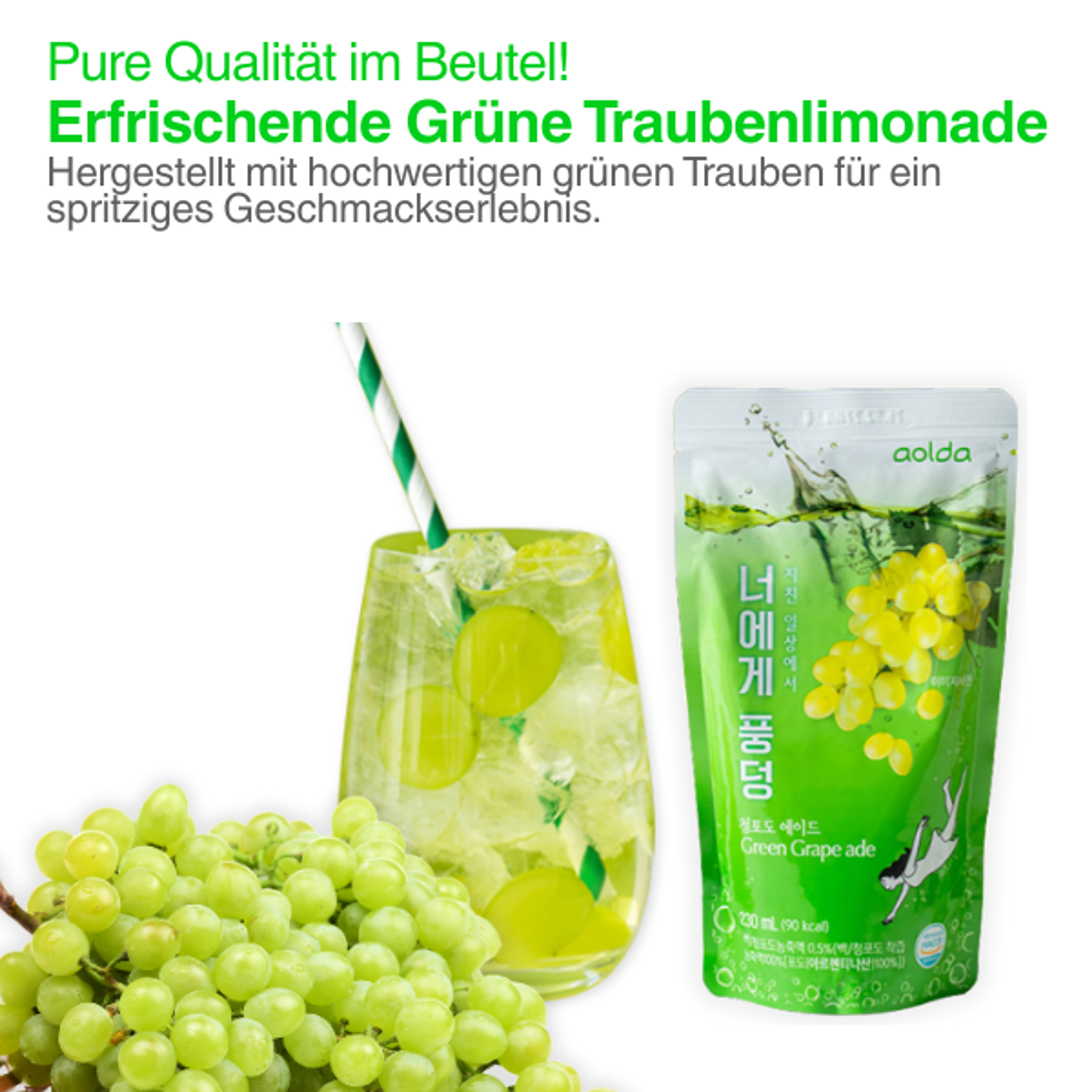 AOLDA Pouch Drink Green Grape Ade 230ml | Koreanischer Traubenpunsch im praktischen Beutel