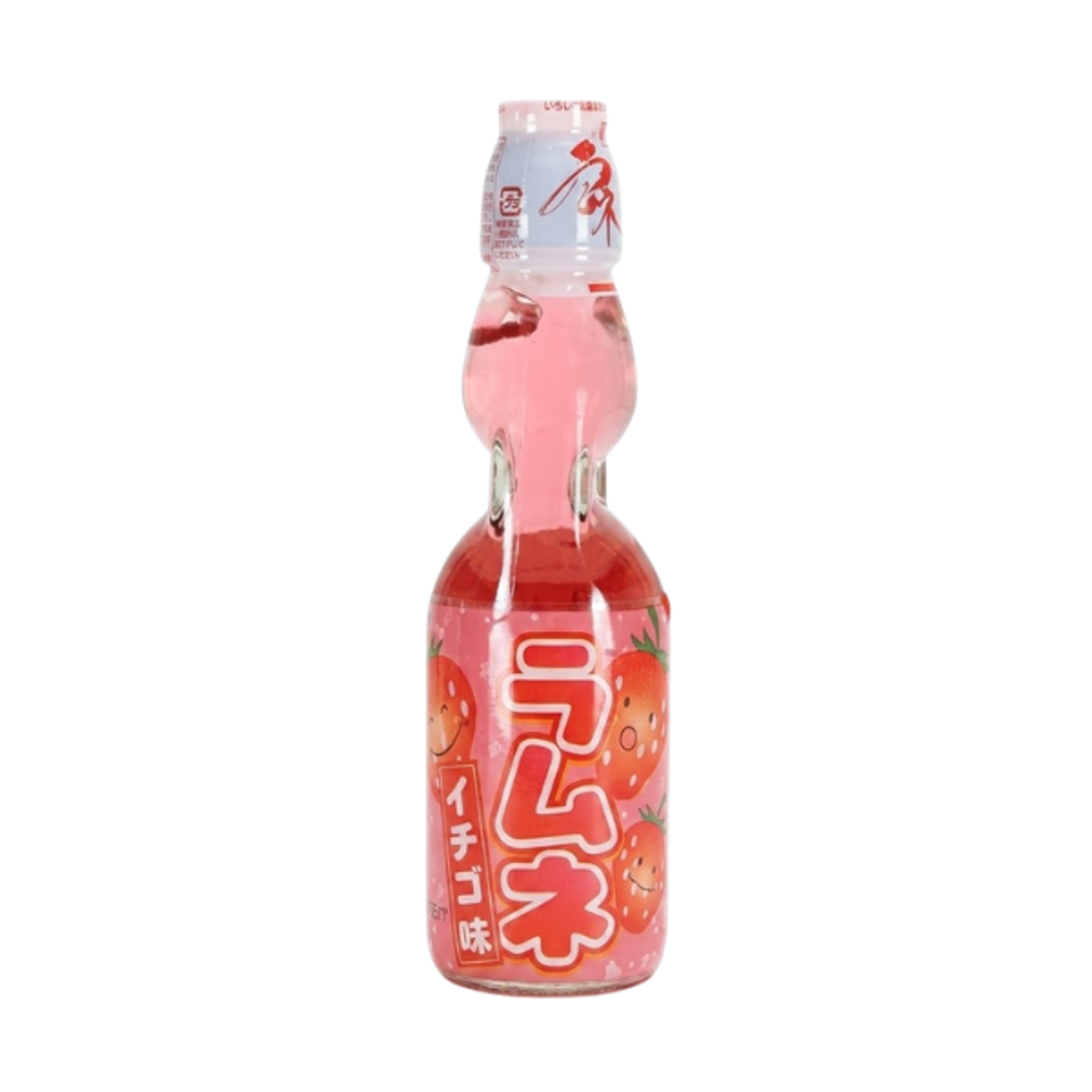 Hata Ramune Erdbeere 200ml Flasche – zeigt die charakteristische Ramune-Flasche mit Erdbeergeschmack, hervorgehoben durch farbenfrohes und auffälliges Design