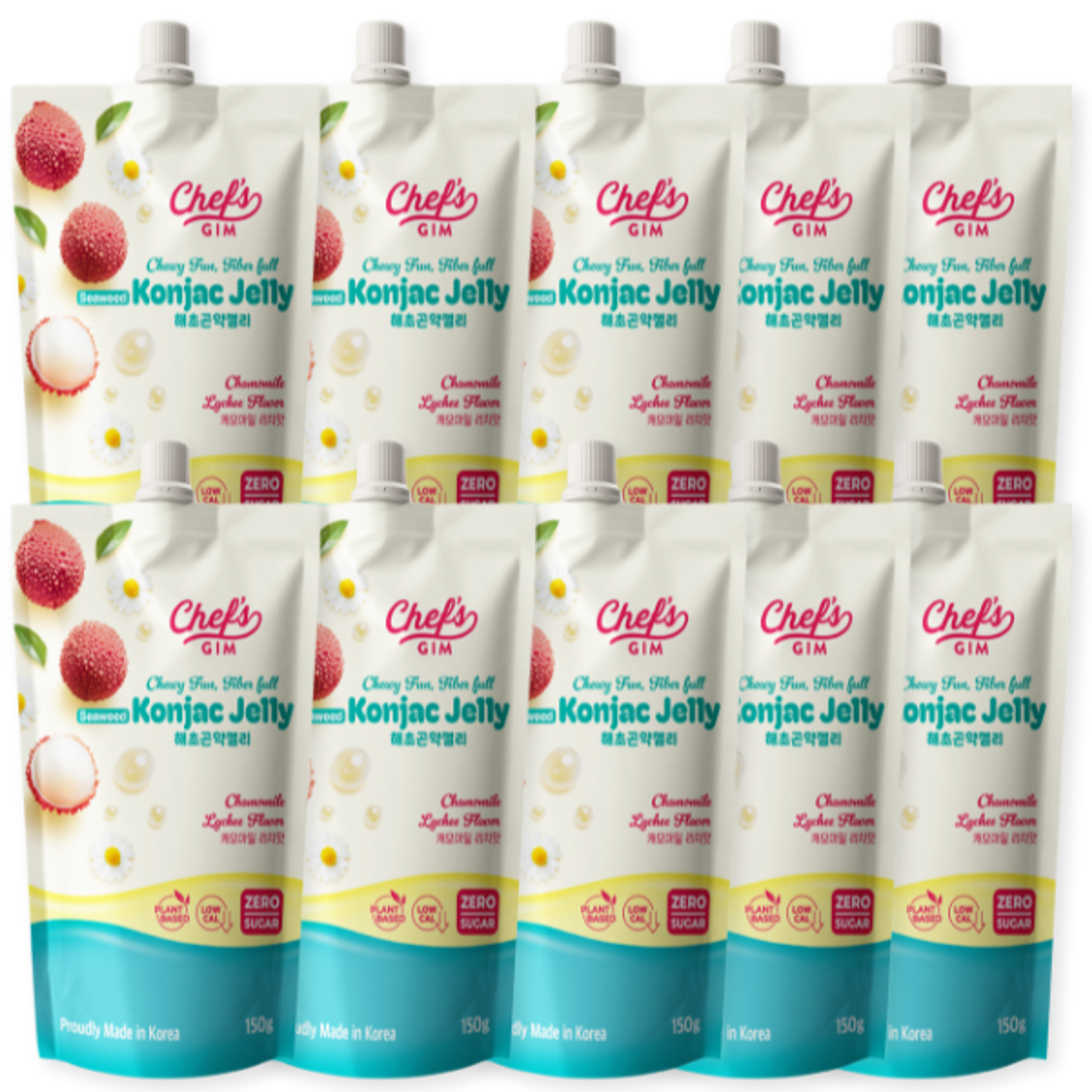 Chef’s Gim Konjak-Getränkegelee | 10er Set à 150g | Vegan, Kalorienarm, zuckerfrei & ballaststoffreich | 3 Sorten: Pfirsich-Schwarztee, Kamille-Litschi, Lavendel-Apfel-Mango (Kamille-Litschi)