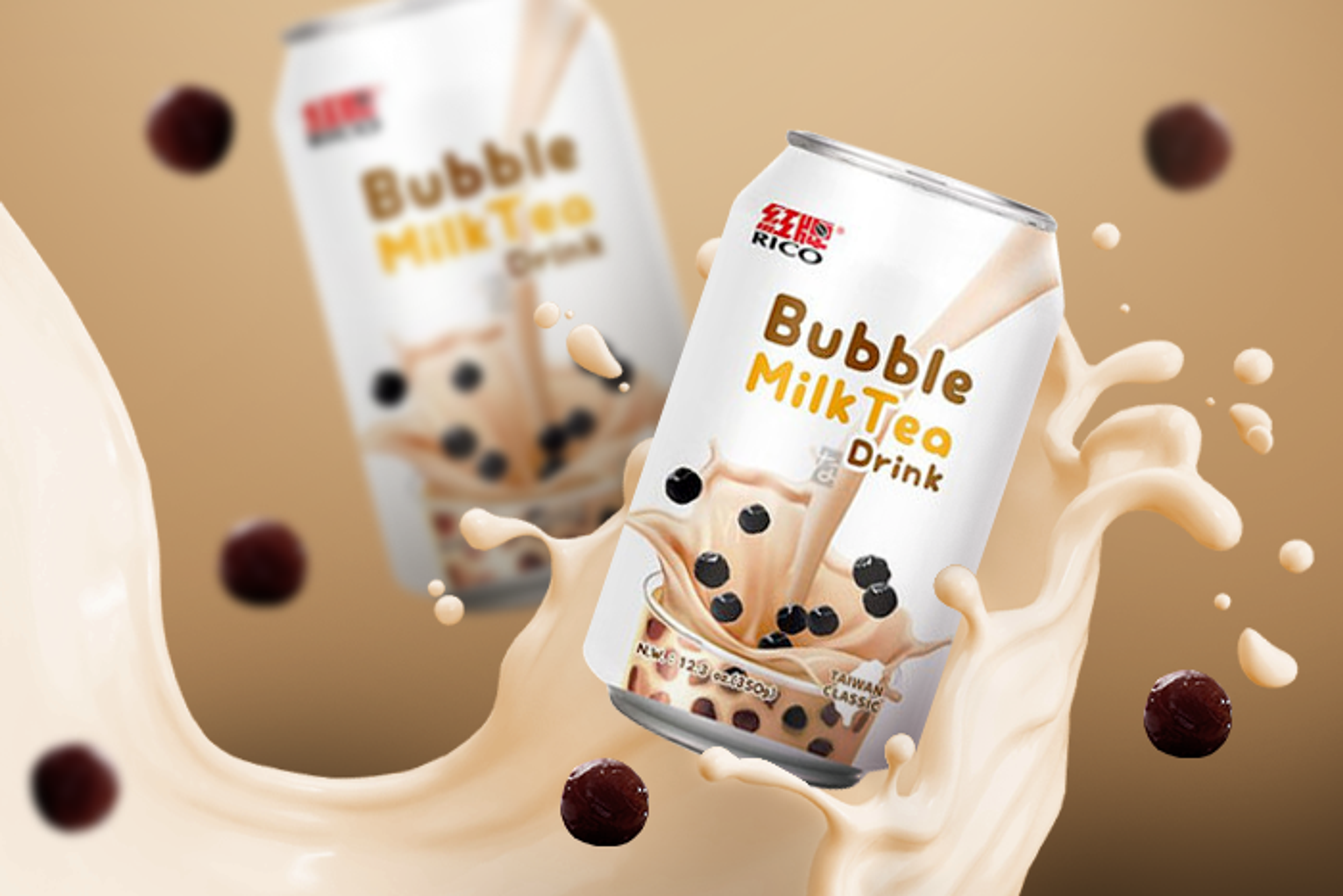 Vorderansicht der Rico Bubble Tea Getränk Milchtee 350ml Flasche.