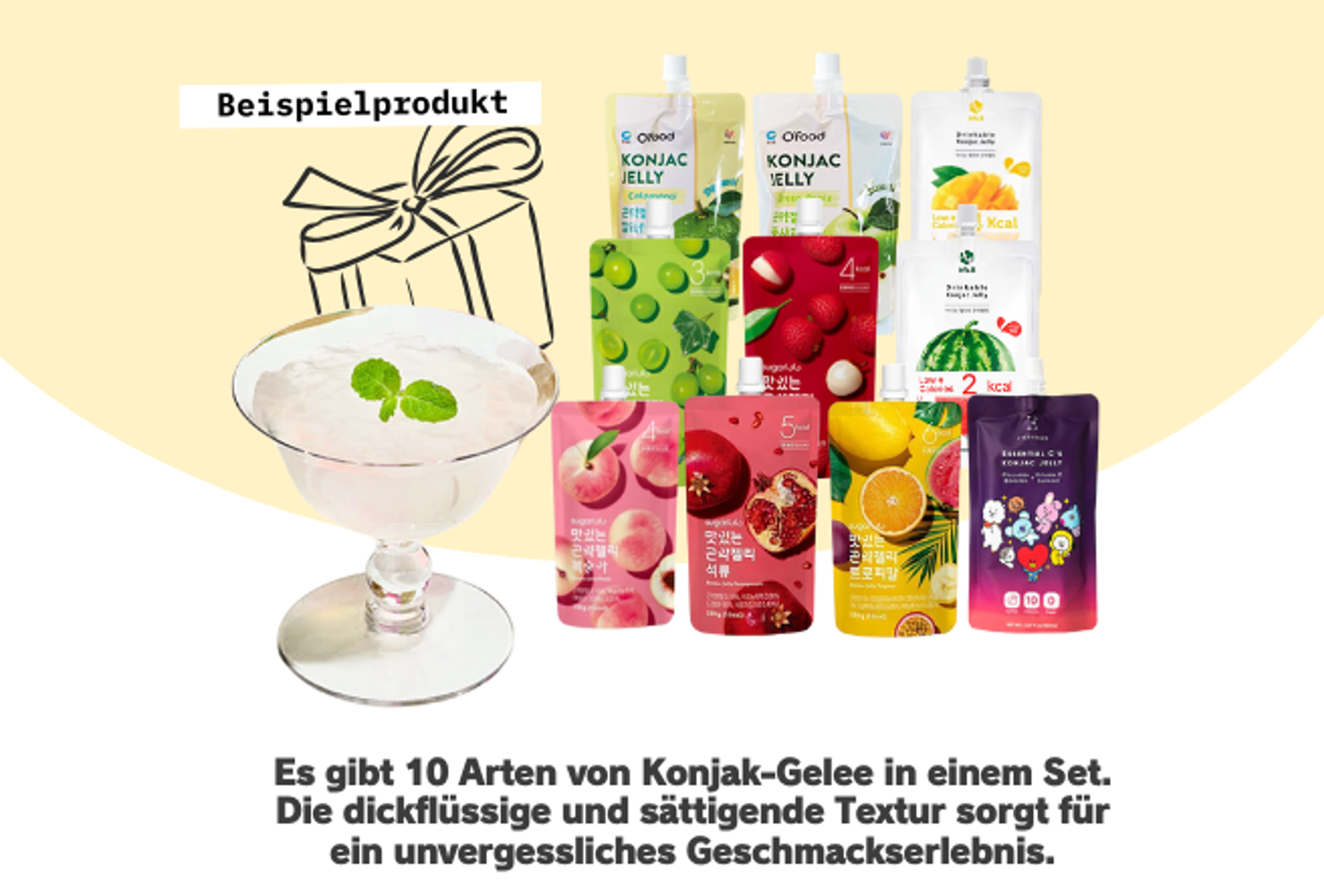 Ein Glas gefüllt mit Konjac-Gelee: Präsentiert die Farbe und Konsistenz der Gelees im Glas.