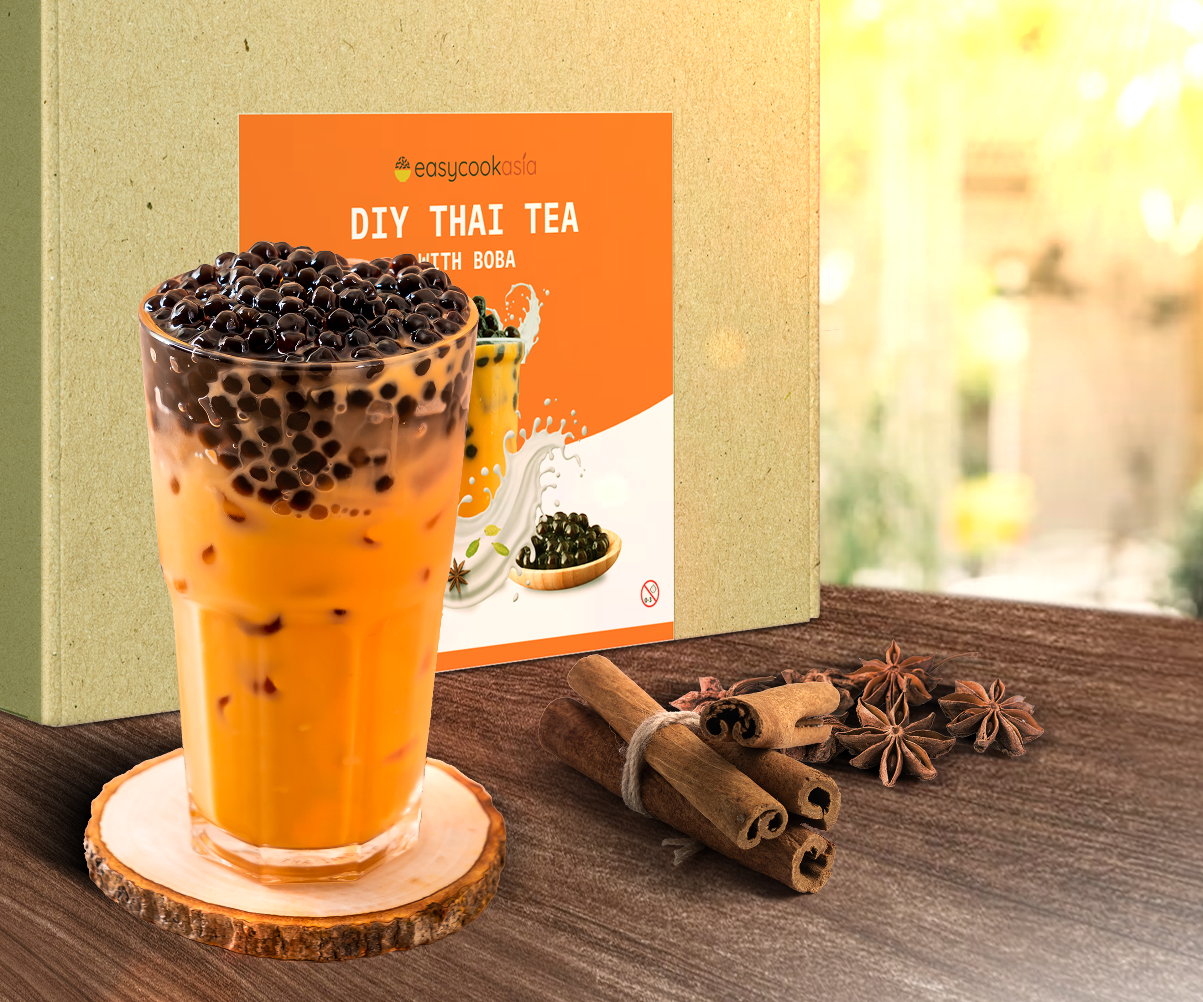 Vorderansicht des DIY Thai Tea with Boba Kit: Zeigt das komplette Set und seine stilvolle Verpackung.