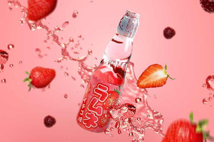 Nahaufnahme von Hata Ramune Erdbeere – betont die spritzige, klare Flüssigkeit mit Erdbeergeschmack