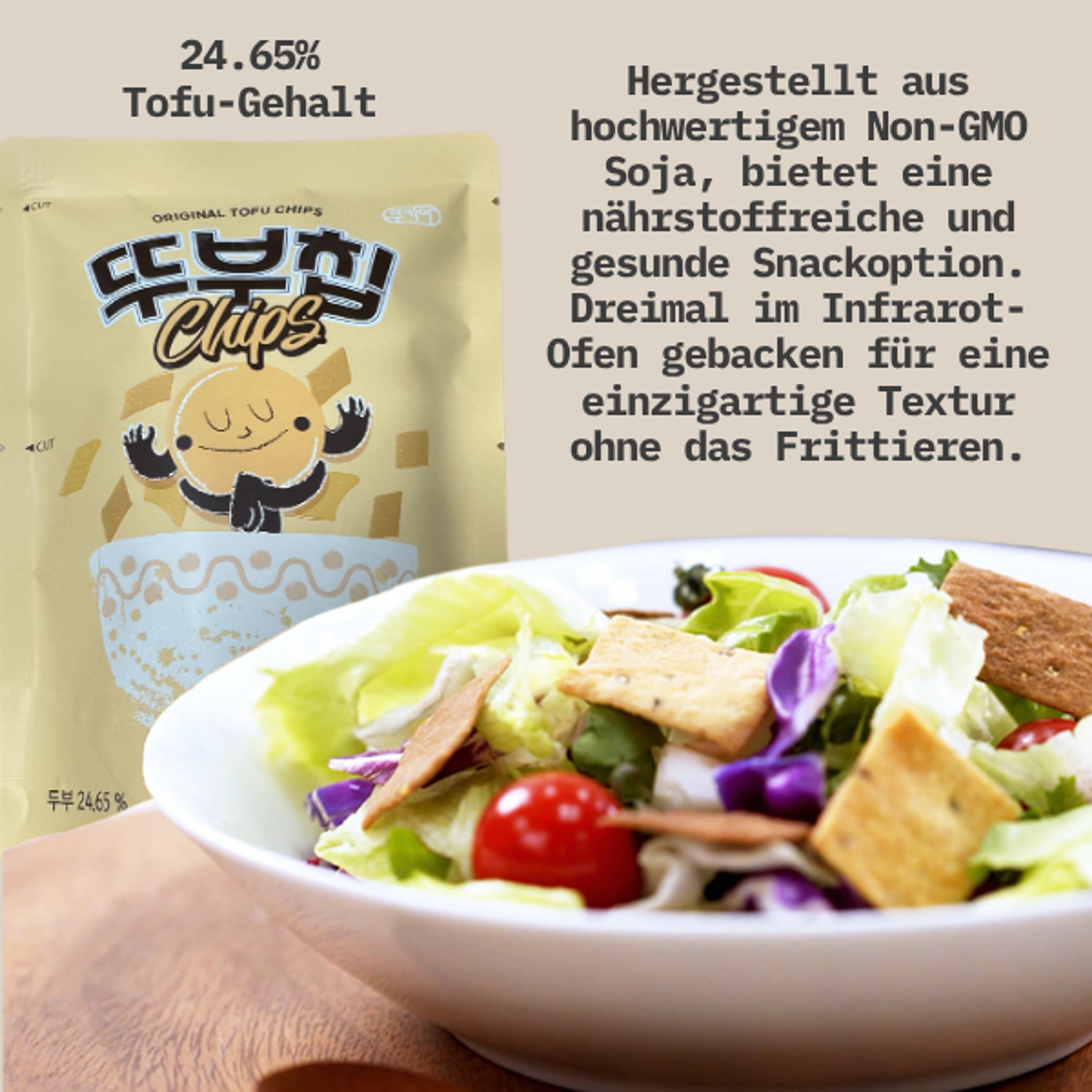 Cookia Tofu-Snack als Salat-Topping – zeigt die Vielseitigkeit des Produkts in verschiedenen Gerichten.