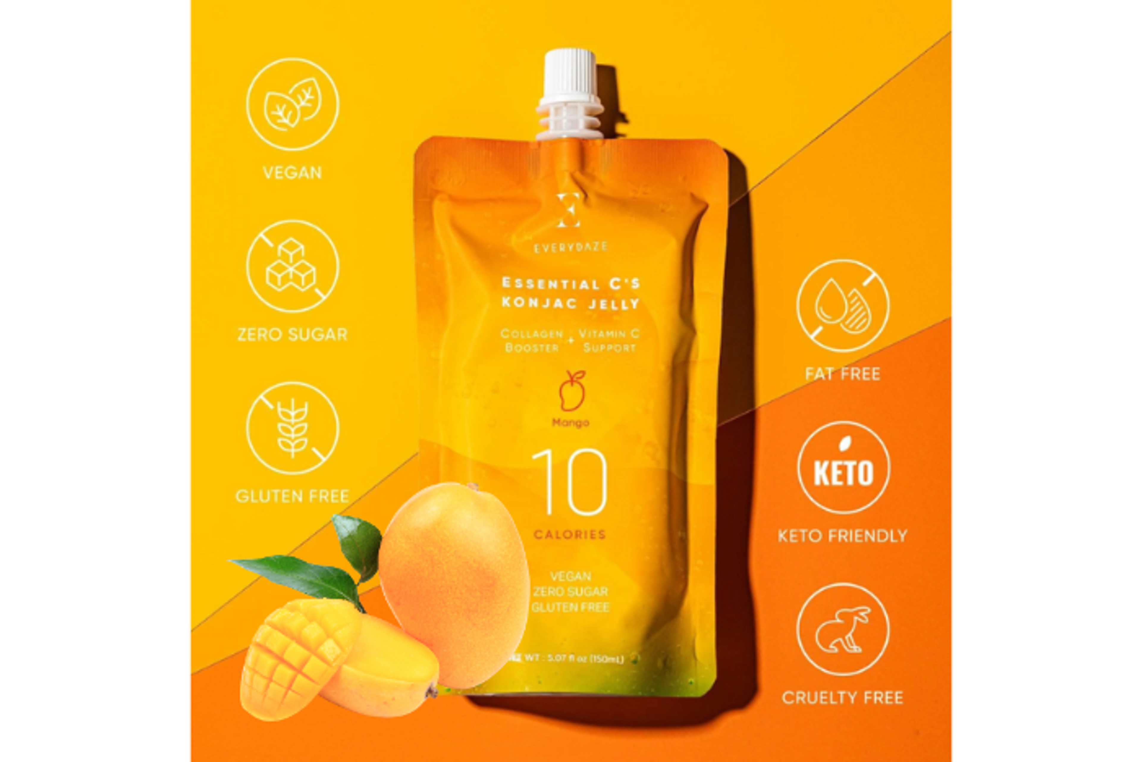 Vorderansicht der EVERYDAZE Essential C’s Konjac Jelly Mango 150ml Verpackung: Zeigt das ansprechende Design und die Größe.