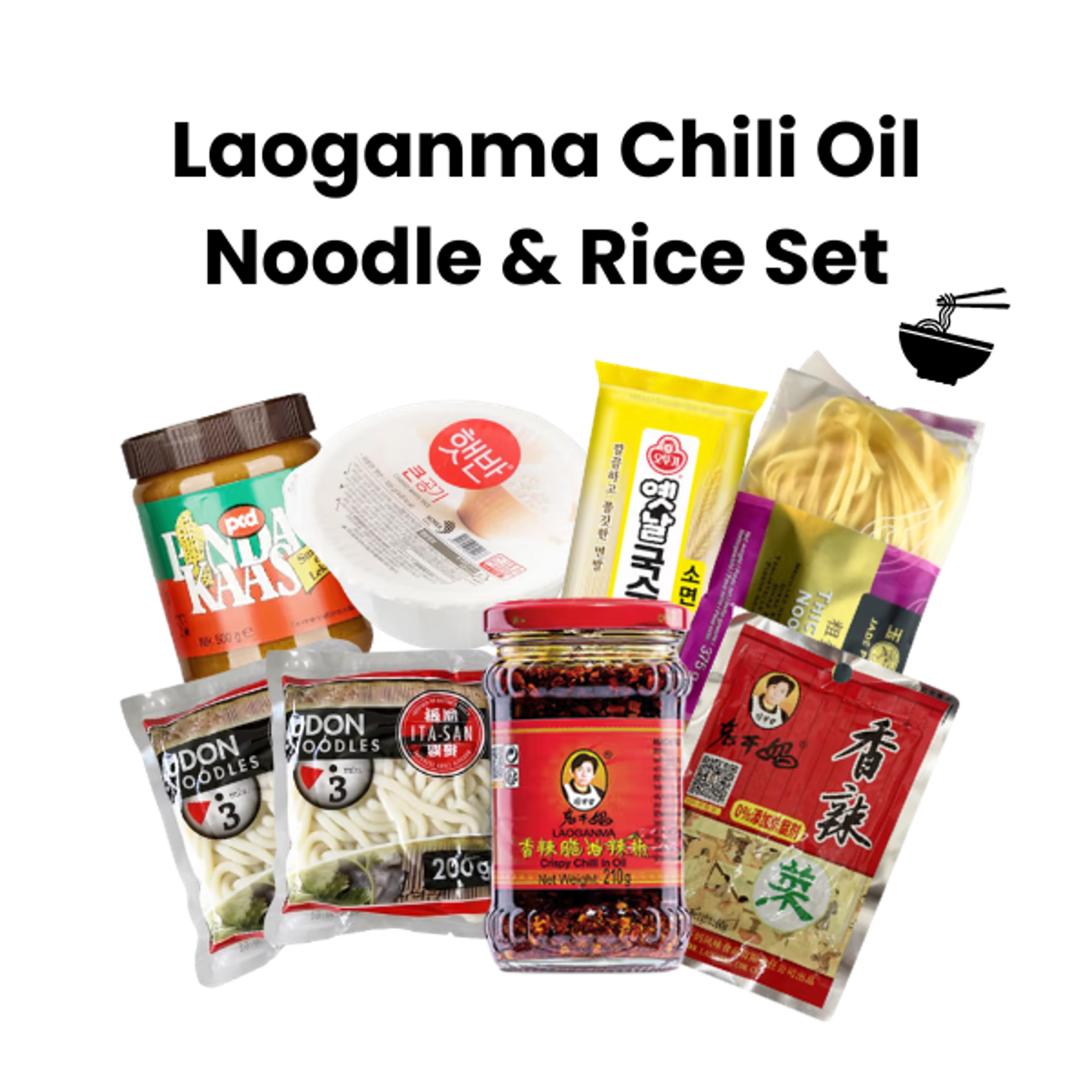 Inhalt  LAOGANMA Crispy Chilli in Oil 210g × 1  LAOGANMA Pickled Leaf Mustard and Chilli 60g × 1  JADE PHOENIX Thick Egg Noodles 375g × 3 (1×Einzelpackung, 1×2er Pack)  ITA-SAN Udon Noodles 200g × 2  OTTGI Wheat Noodles 500g × 1  CJ Hetban gekochter Reis (weiß) 300g × 1  PCD PindaKaas Erdnussbutter 350g × 1
