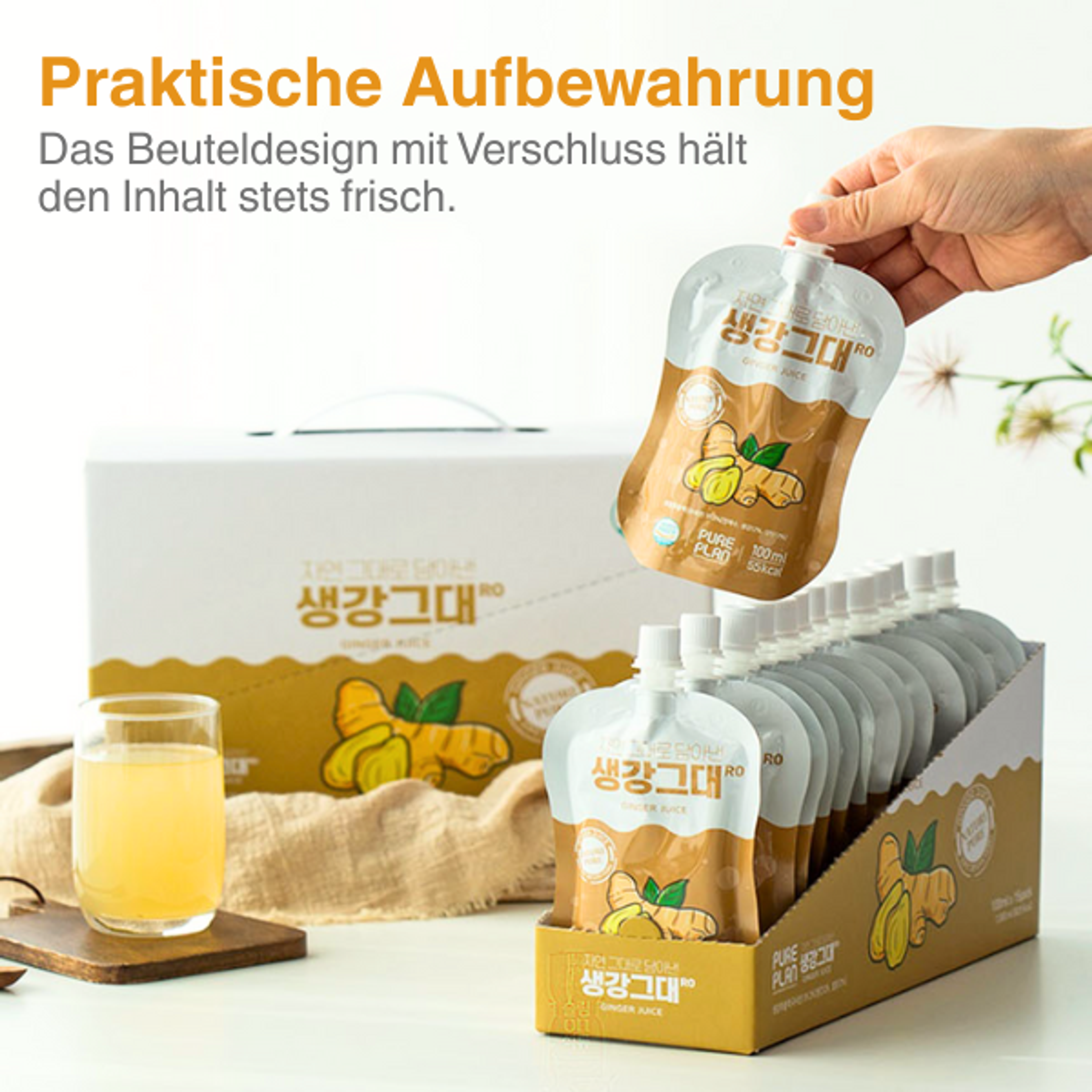 Pureplan Premium Korean Juice 100ml x 15 – Yuza & Pear oder Ginger | Natürlich, Ohne Zusatzstoffe | Reich an Vitamin C & Antioxidantien | Für Immunsystem & Vitalität (100 ml (15 Pack), Ingwer)
