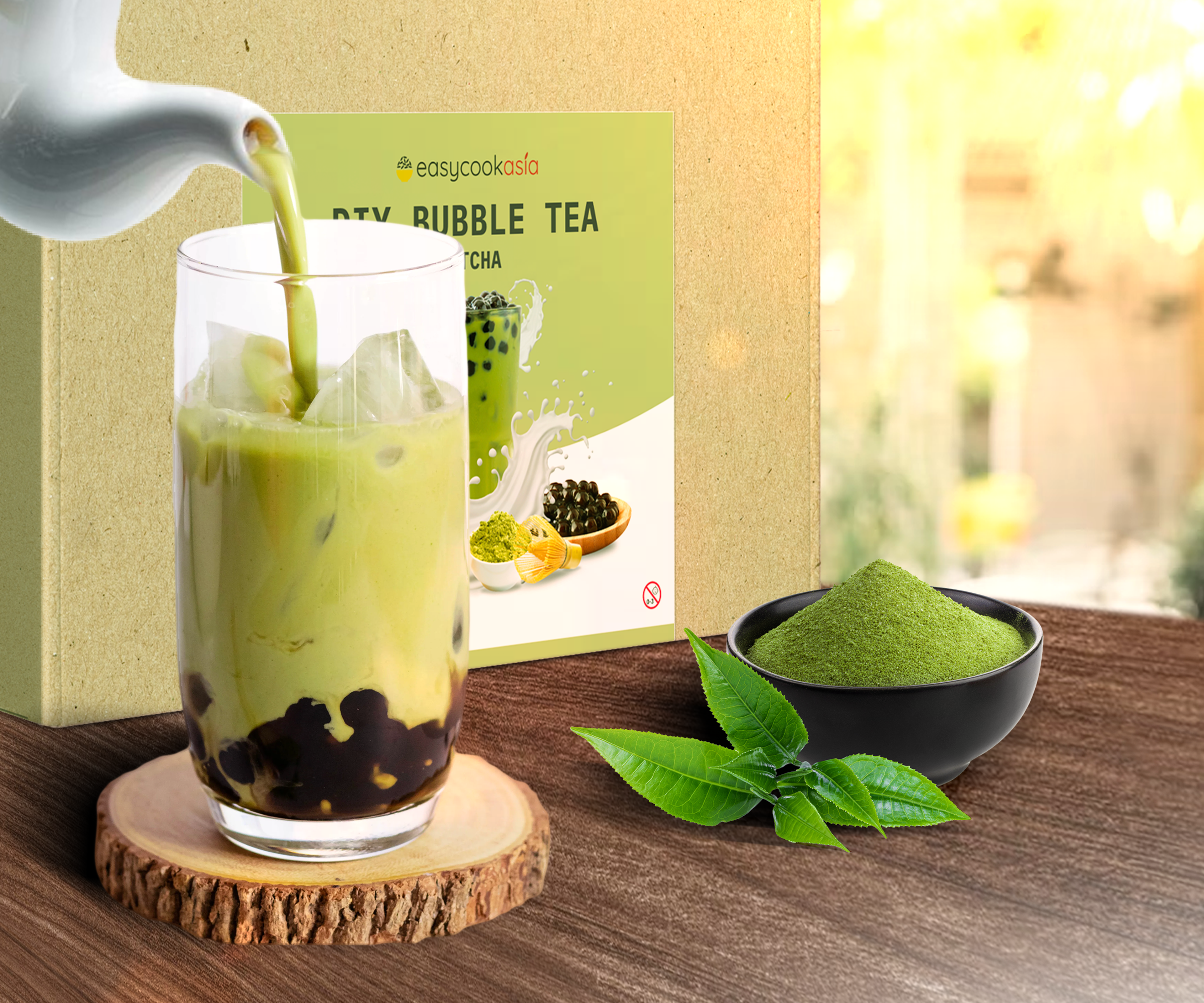 Vorderansicht des DIY Bubble Tea Matcha Kit: Zeigt das komplette Set und seine stilvolle Verpackung.