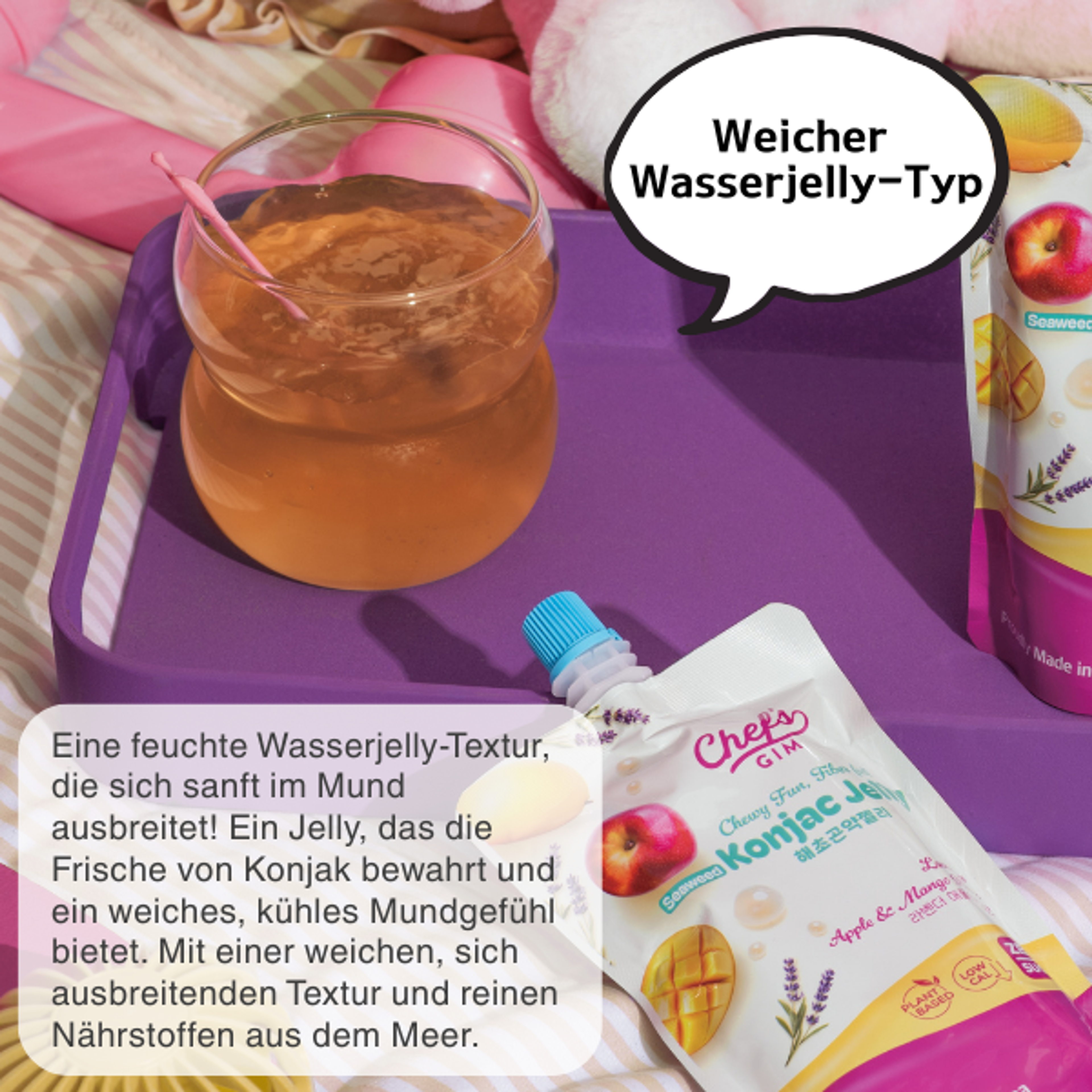 Chef’s Gim Konjak-Getränkegelee | 10er Set à 150g | Vegan, Kalorienarm, zuckerfrei & ballaststoffreich | 3 Sorten: Pfirsich-Schwarztee, Kamille-Litschi, Lavendel-Apfel-Mango (Lavendel-Apfel-Mango)