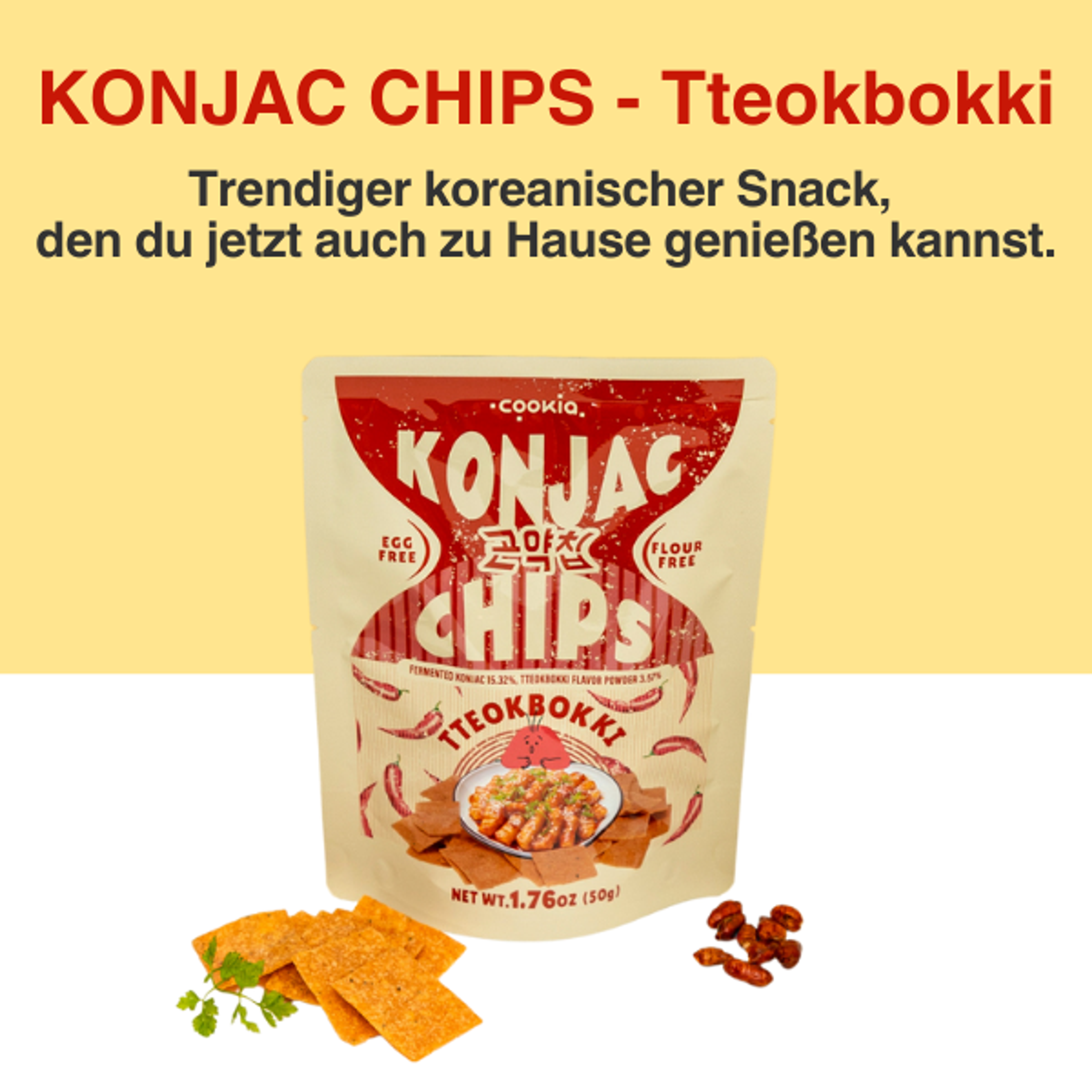 KONJAC Chips – 50g × 5er Set | Meeresalgen, Tteokbokki, Zwiebel | Veganer Koreanischer Snack ohne Mehl & Eier | Dreifach im Ofen gebacken & knusprig leicht (5 pack, Tteokbokki)