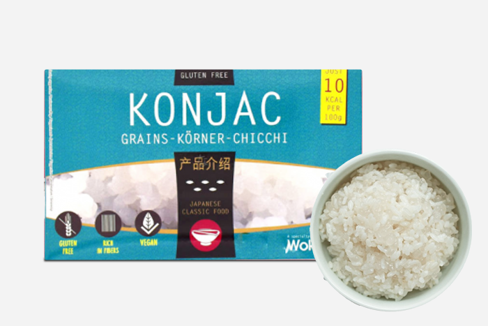 Wok Foods Shirataki Konjac Grains Körner Chicchi 350g - Eine Schüssel mit Shirataki Konjac Reis-Körnern als gesunde Beilage.