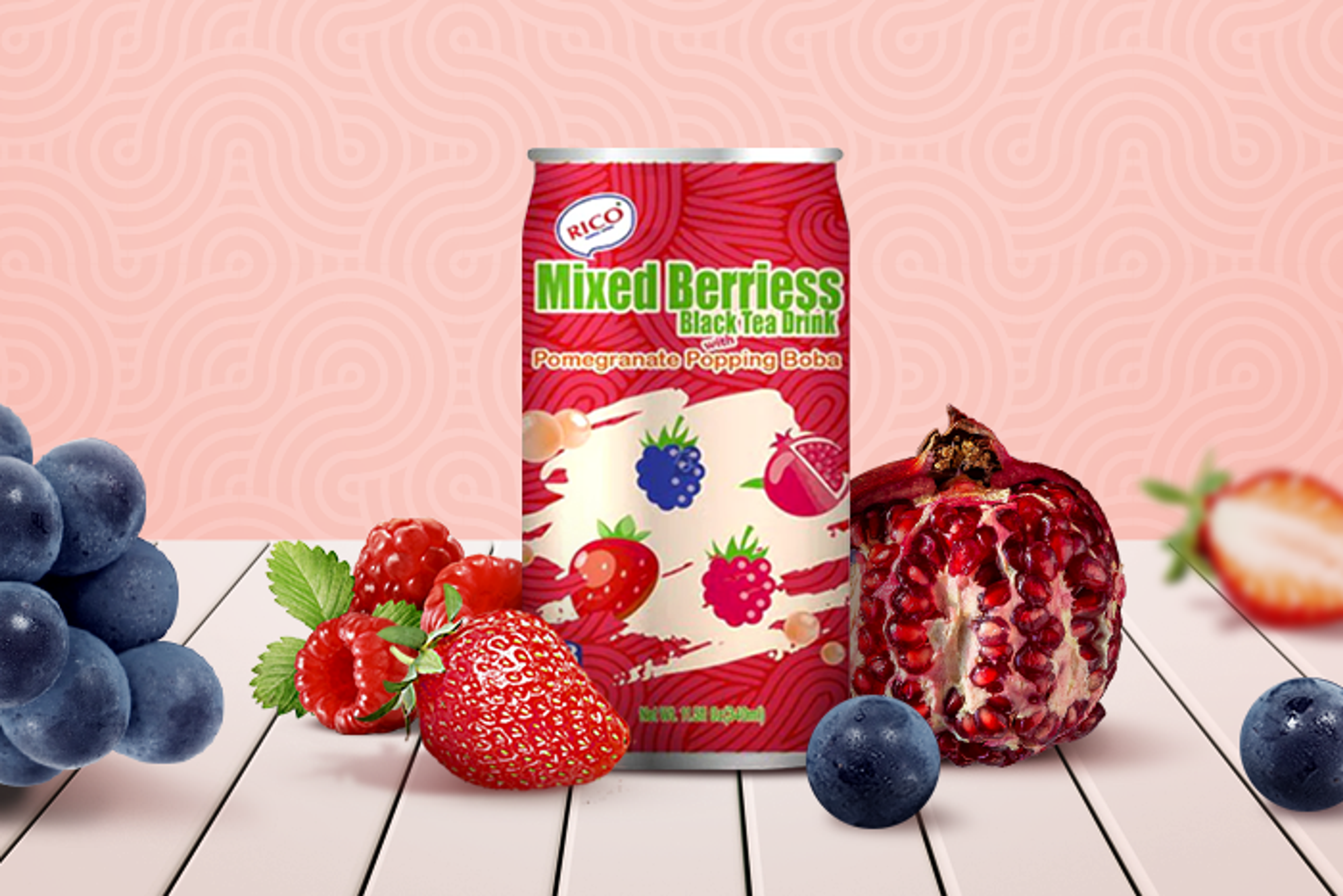 RICO Black Tea Drink with Mixed Berries & Pomegranate Boba 340ml - Refreshing Tea Beverage