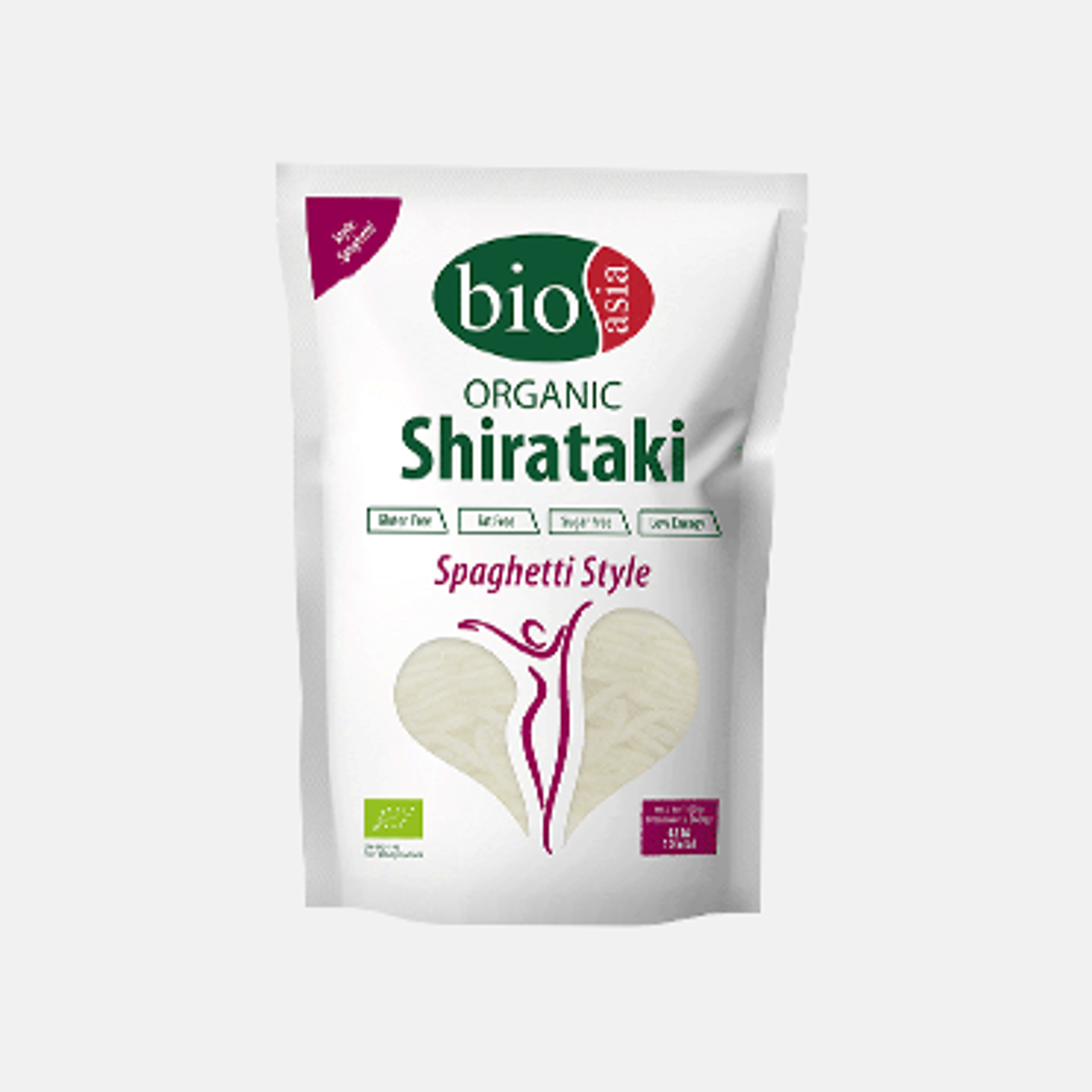 Geschlossene Verpackung der Bioasia Bio Shirataki Konjak Spaghetti.