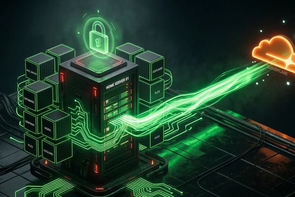 A dark isometric 3D render of a glowing neon-green digital cityscape made of floating server blocks and circuit pathways, with lambda and code symbols scattered throughout, set against a pure black background.