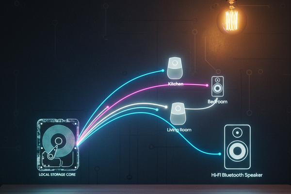 A conceptual architecture visualization of a multi-room audio system. On the left, a glowing neon blueprint of a hard drive labeled "LOCAL STORAGE CORE" sits on a dark wooden desk. Vibrant cyan and magenta data lines curve upward, connecting to stylized icons of smart speakers labeled "Kitchen," "Living Room," and "Bedroom." The lines eventually terminate at a larger, high-fidelity "Hi-Fi Bluetooth Speaker" icon. A single warm Edison bulb hangs from the top right, casting a soft glow over the dark, textured background, matching the site's aesthetic.