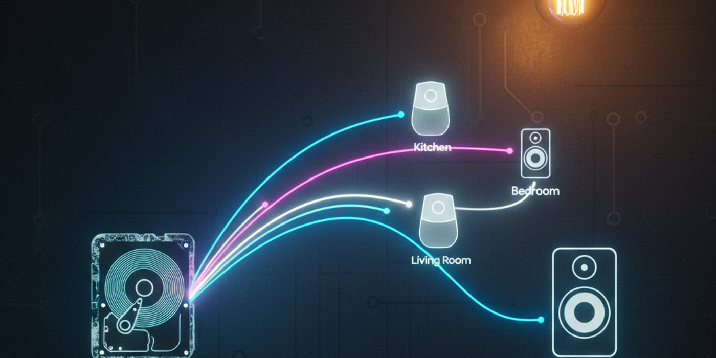 A conceptual architecture visualization of a multi-room audio system. On the left, a glowing neon blueprint of a hard drive labeled "LOCAL STORAGE CORE" sits on a dark wooden desk. Vibrant cyan and magenta data lines curve upward, connecting to stylized icons of smart speakers labeled "Kitchen," "Living Room," and "Bedroom." The lines eventually terminate at a larger, high-fidelity "Hi-Fi Bluetooth Speaker" icon. A single warm Edison bulb hangs from the top right, casting a soft glow over the dark, textured background, matching the site's aesthetic.