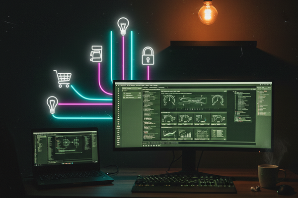 A moody, developer-centric workspace featuring a dual-monitor setup: a curved widescreen showing a Home Assistant dashboard and a laptop showing code. Glowing neon-style icons representing a shopping cart, coffee, smart lighting, and security are interconnected by vibrant cyan and magenta lines, illustrating a centralized home automation ecosystem.