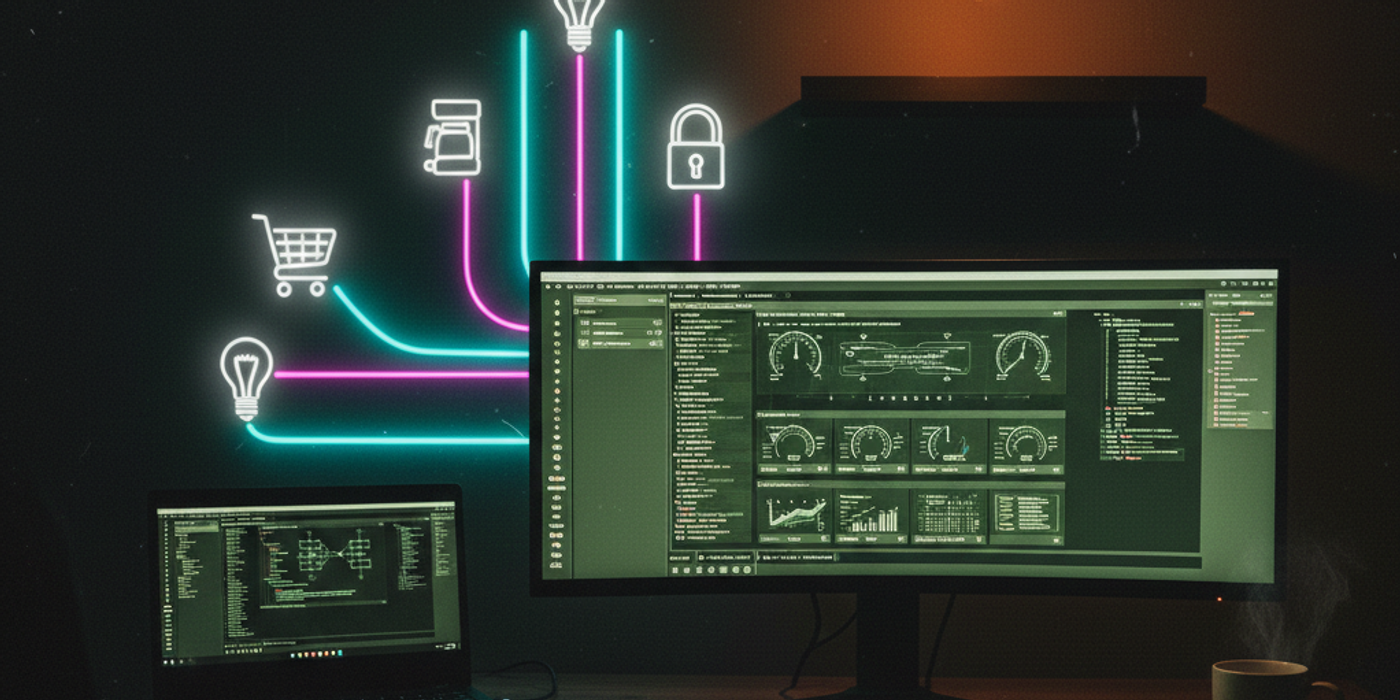 A moody, developer-centric workspace featuring a dual-monitor setup: a curved widescreen showing a Home Assistant dashboard and a laptop showing code. Glowing neon-style icons representing a shopping cart, coffee, smart lighting, and security are interconnected by vibrant cyan and magenta lines, illustrating a centralized home automation ecosystem.