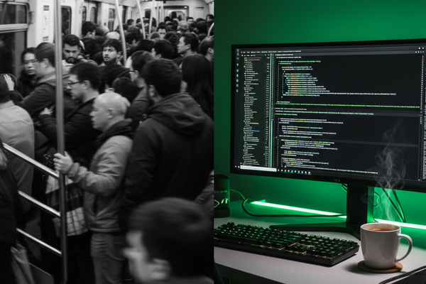 A picture showing crowded train and a cozy quite home office