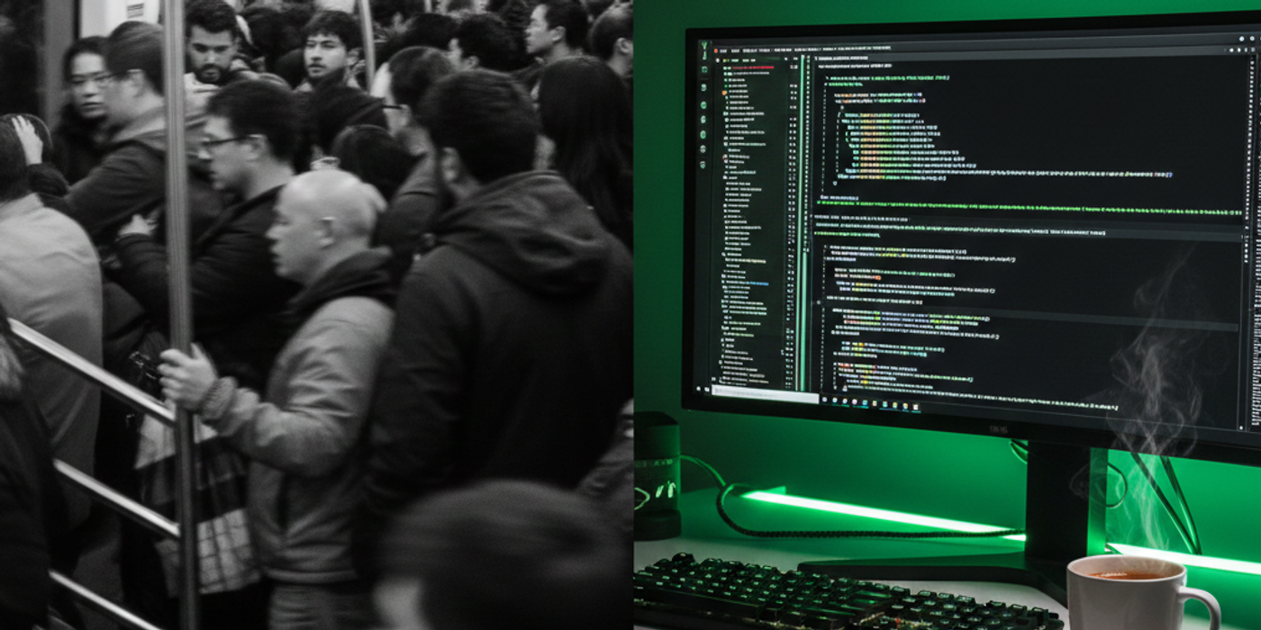 A picture showing crowded train and a cozy quite home office