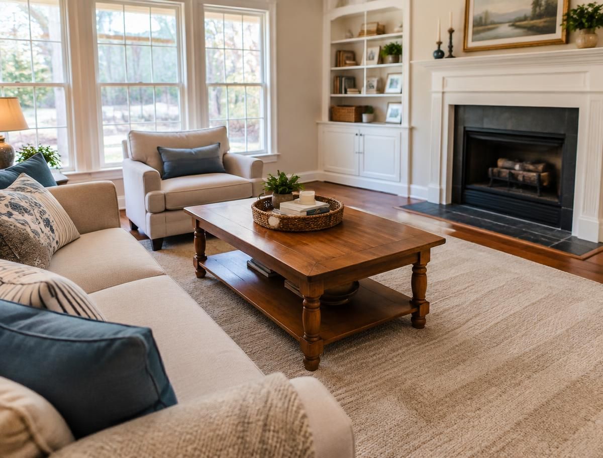 Tidy living room with freshly vacuumed rug and dust-free coffee table