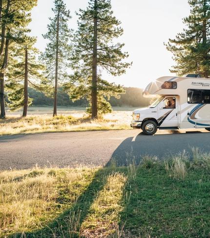 Recreational vehicle (RV) parked at a campground