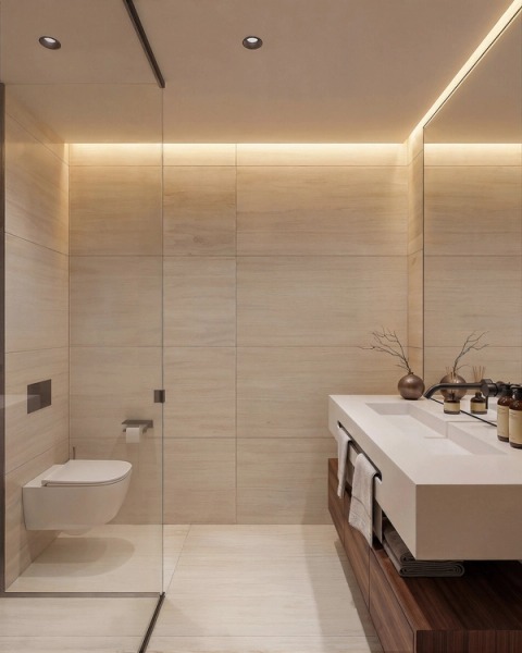 Bathroom with indirect lighting, a light stone vanity and a wall-hung toilet.
