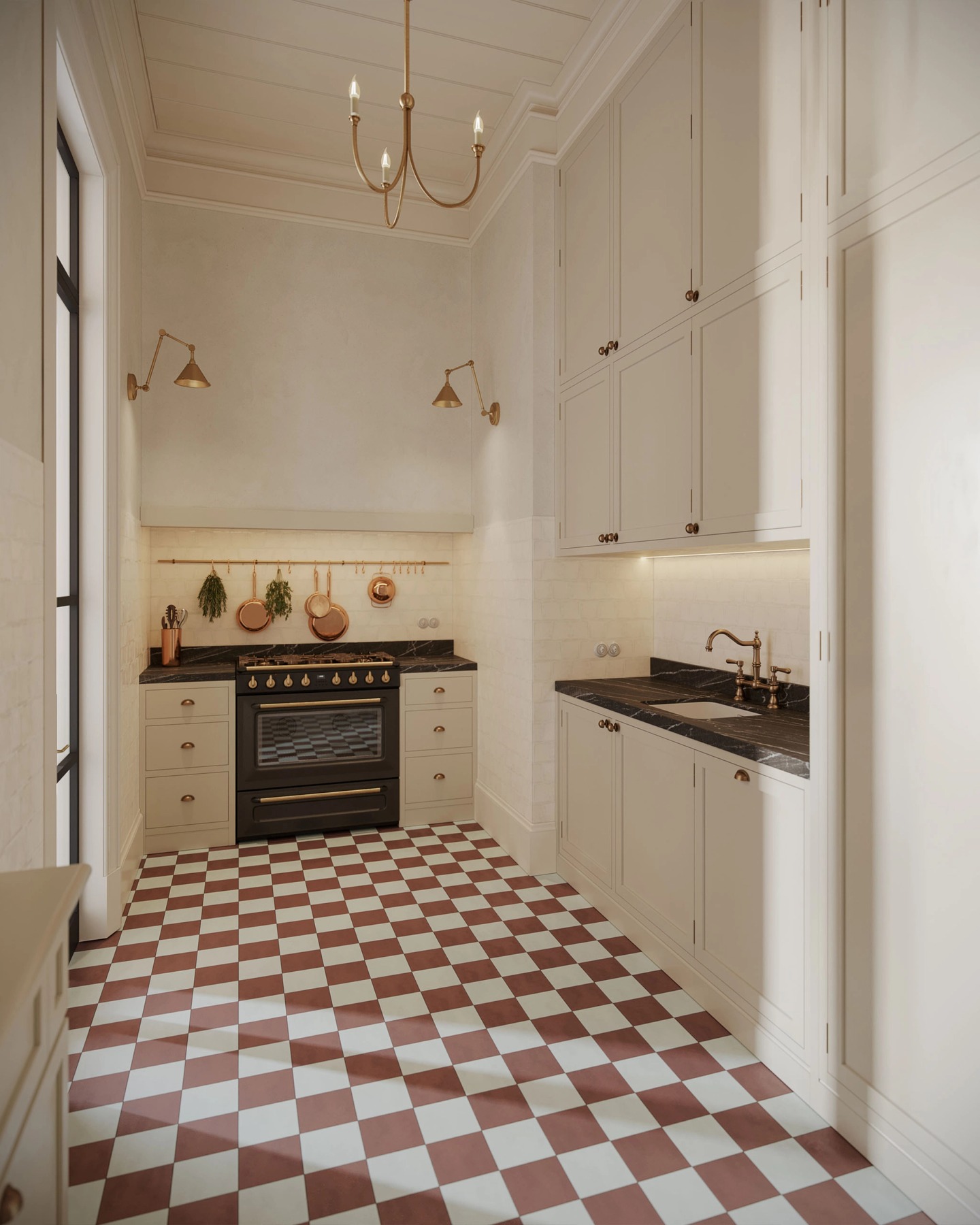 Kitchen with red-and-white chequered tiles, a period range cooker and copper utensils.