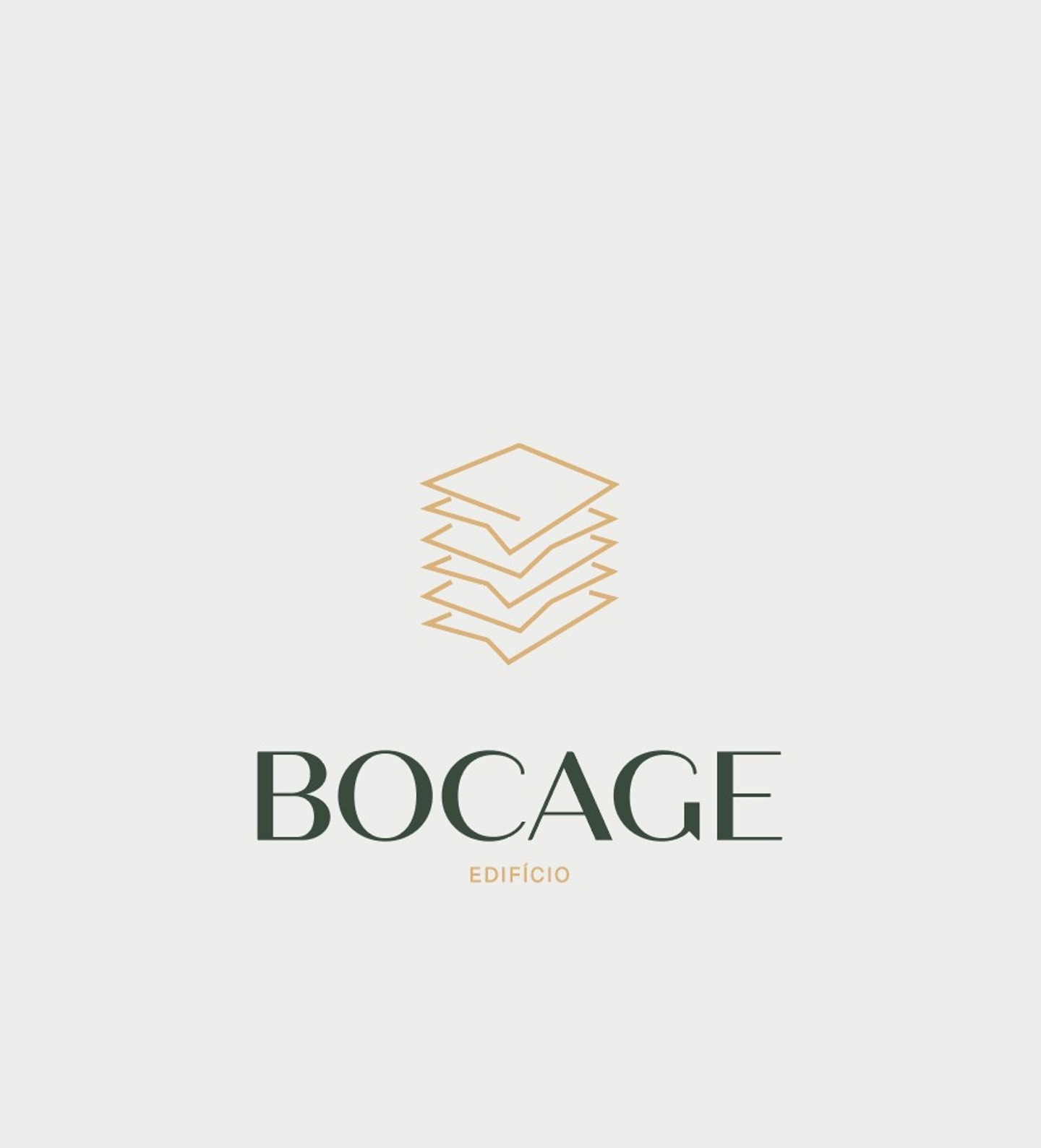Edifício Bocage logo on a light grey background, with a gold line symbol of stacked floors above the name in dark green lettering.