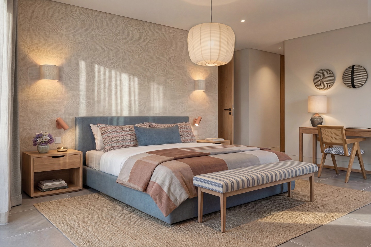 Main bedroom with a blue upholstered bed, striped bench, paper pendant lamp and a timber desk beyond.