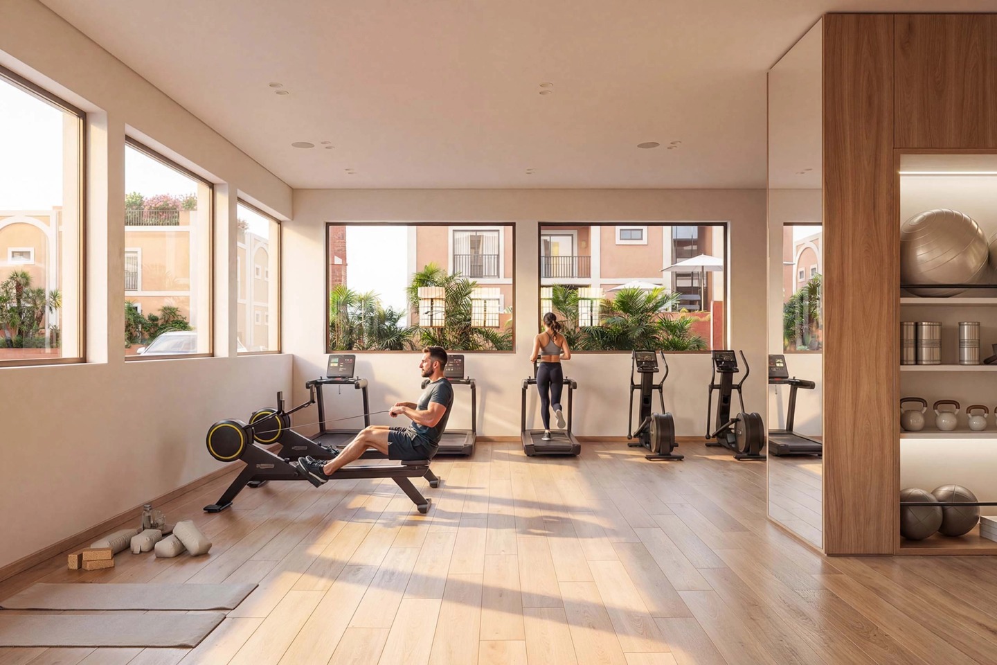 Ferragudo Hills gym with treadmills, a rowing machine and weights, in natural light.