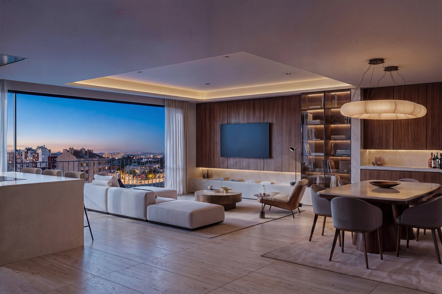 Living room lit at dusk with a view of the city lights.