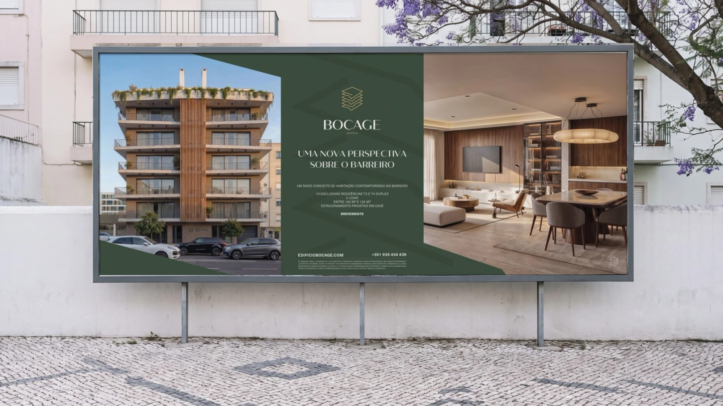 Street billboard for Edifício Bocage in Barreiro, pairing the façade's continuous balconies and timber slats with a green panel, the logo and a living room interior.