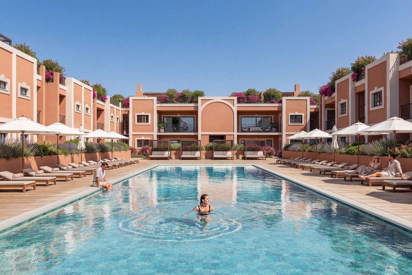 Outdoor pool in the central courtyard of Ferragudo Hills with sun loungers, parasols and cabanas.