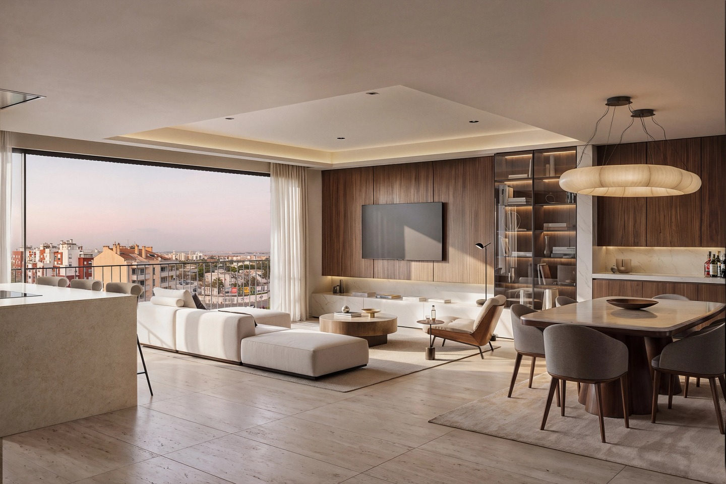 Open-plan living room with kitchen, dining area and wide windows overlooking Barreiro.