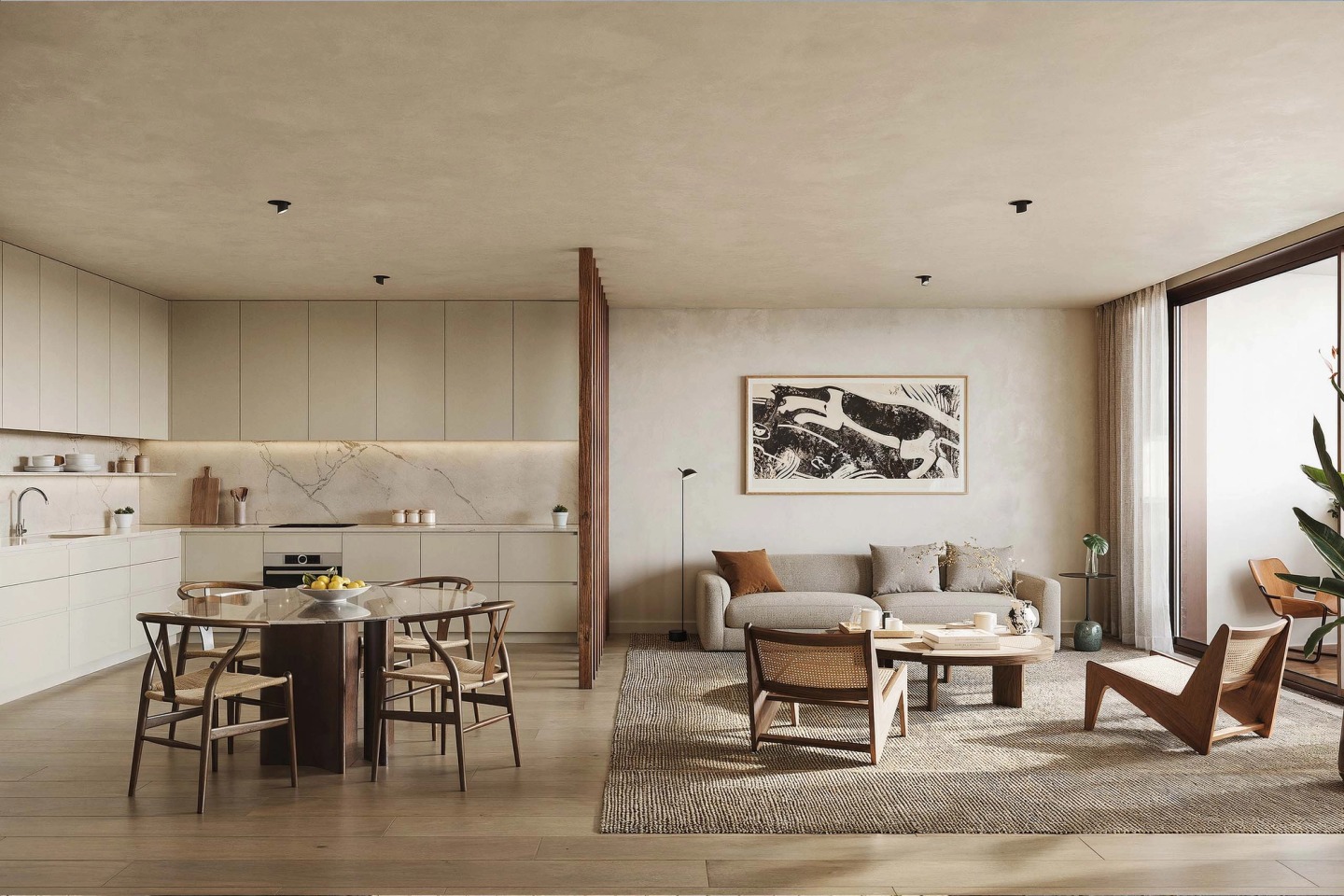 Open-plan living room with a light kitchen, dining table and seating area, in an apartment at 62 The Flat Gardens.