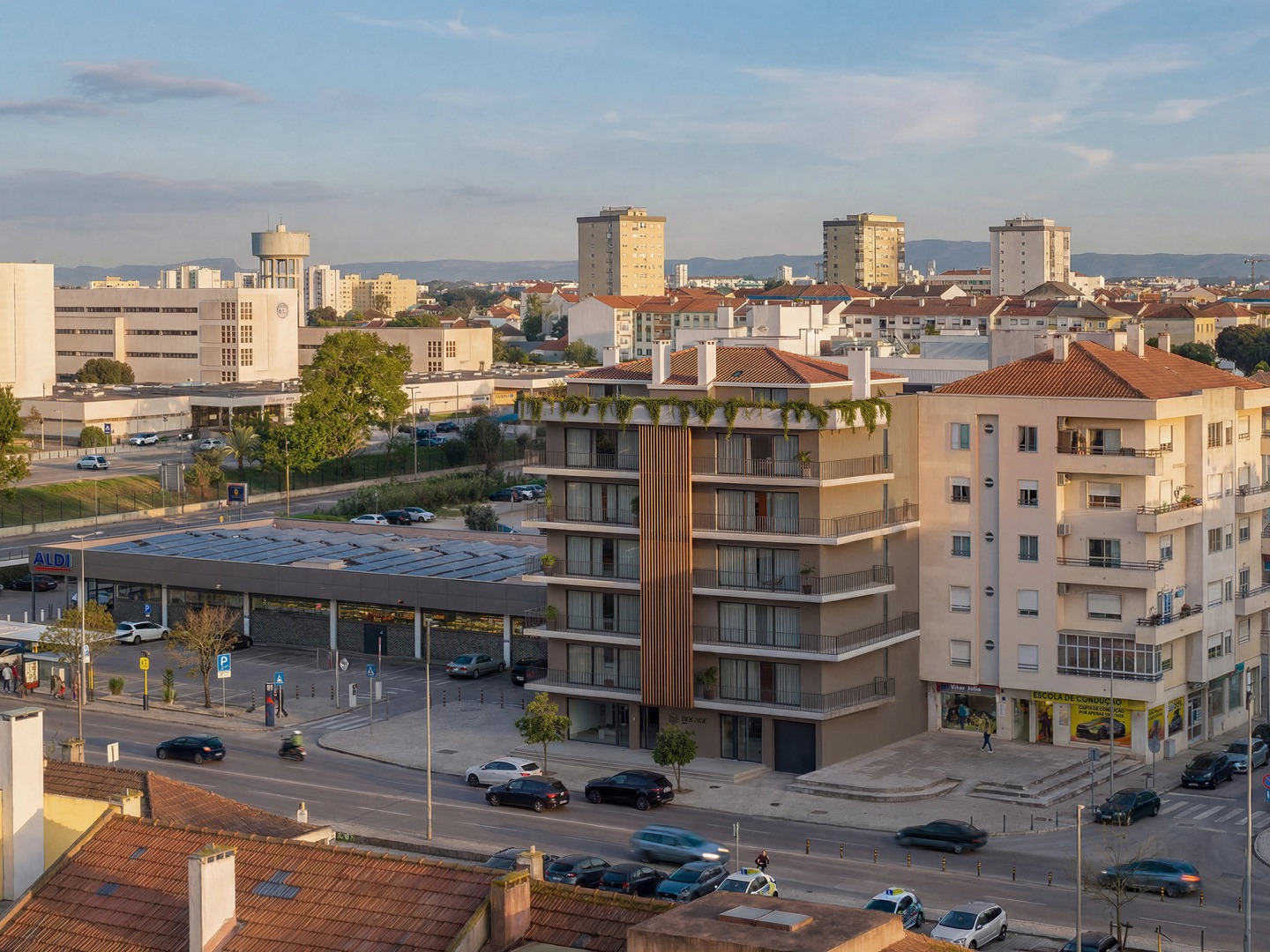 Aerial view of Edifício Bocage in the city of Barreiro in the late afternoon.