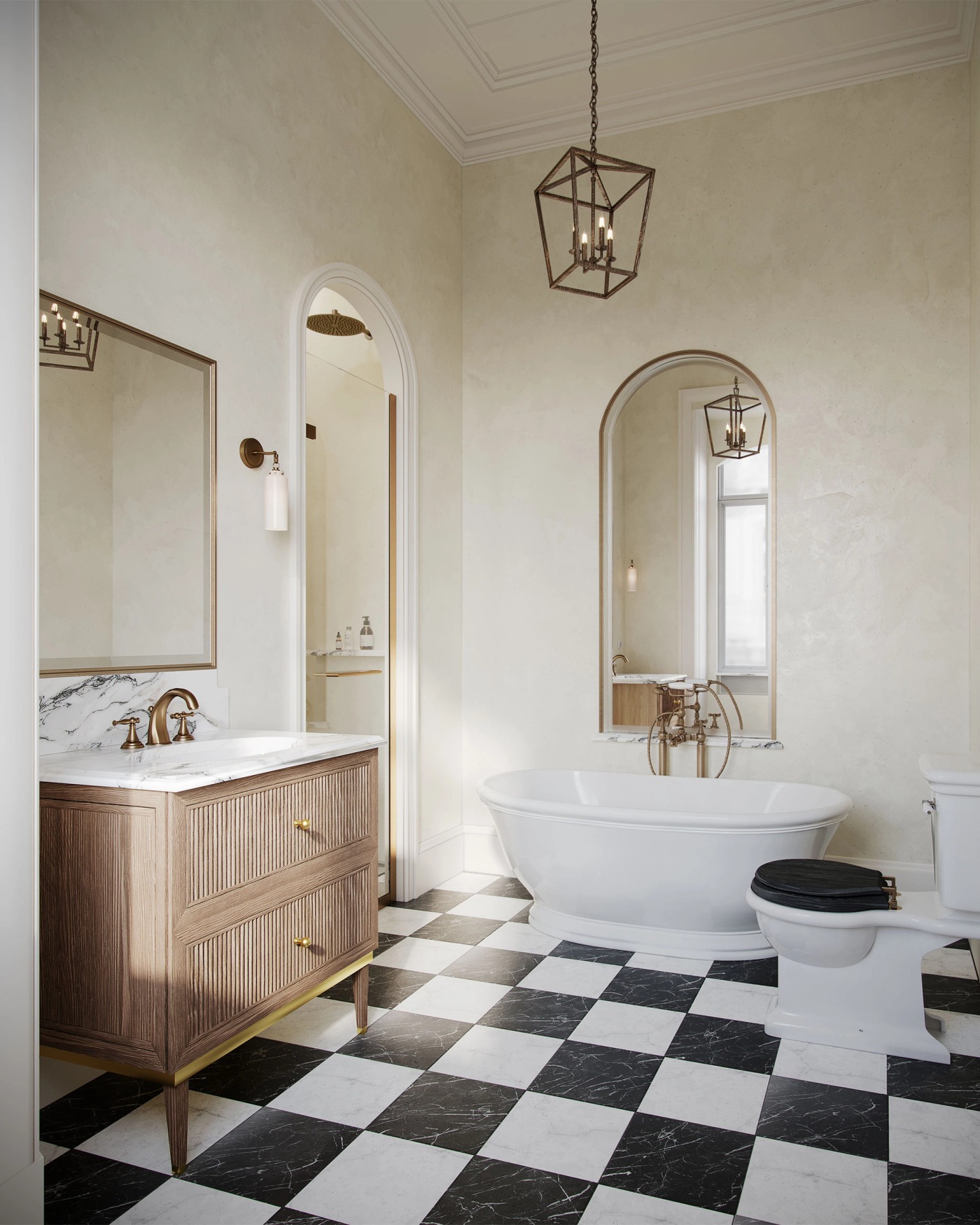 Bathroom with a black-and-white chequered floor, freestanding bath and timber vanity.