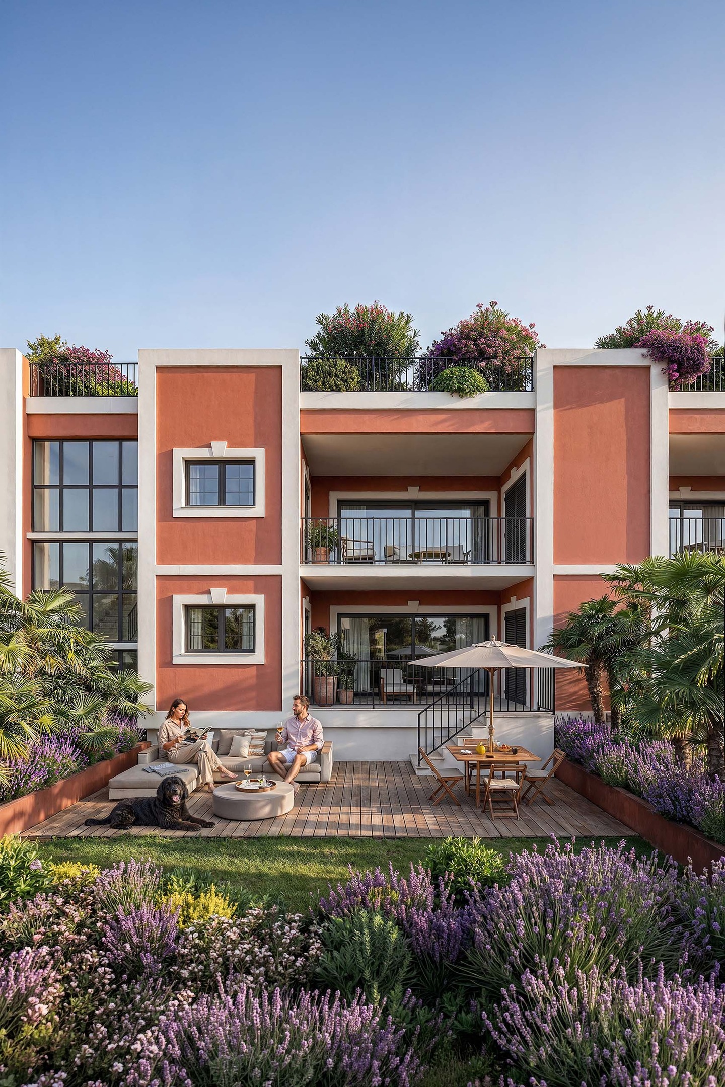 Couple in a private garden with a timber deck, sofa and outdoor table, surrounded by lavender, at Ferragudo Hills.