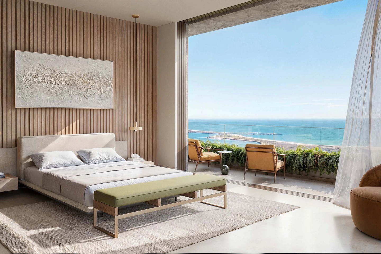 Bedroom with a timber slat wall, opening onto a terrace overlooking the sea.
