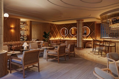 Bar with round illuminated mirrors, a wine wall and seating in timber and cane.