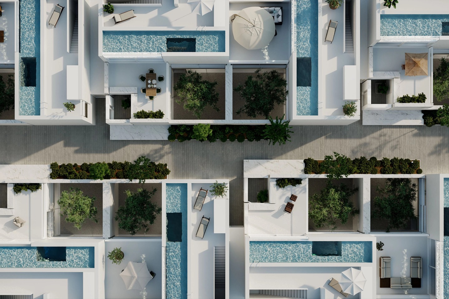 Top-down view of Secret Garden Villas, with landscaped courtyards, pools and terraces.