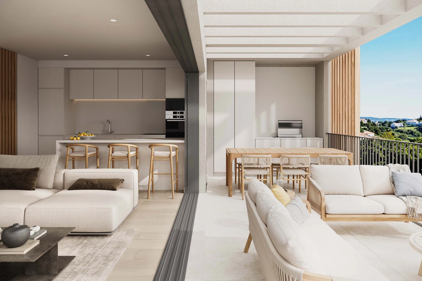 Living room opening onto a covered balcony with outdoor sofas and a dining table, at Oásis.
