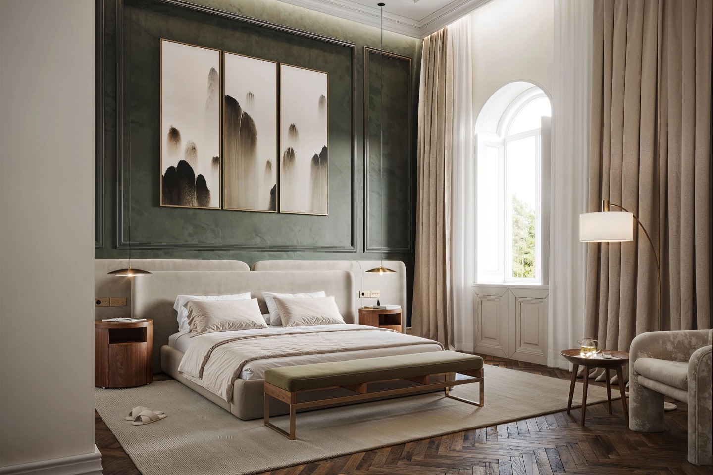 Hotel bedroom with a green wall, abstract triptych and arched window, at Palacete Mateus Silveira in Faro.