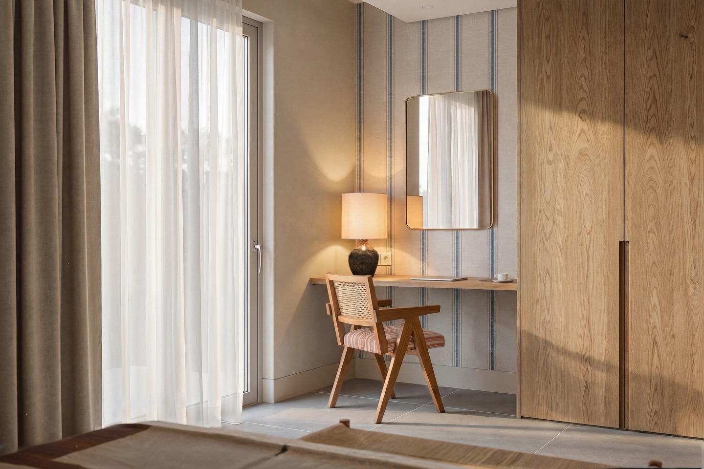 Desk with a cane chair, mirror and timber wardrobe in a Conrad Algarve bedroom.